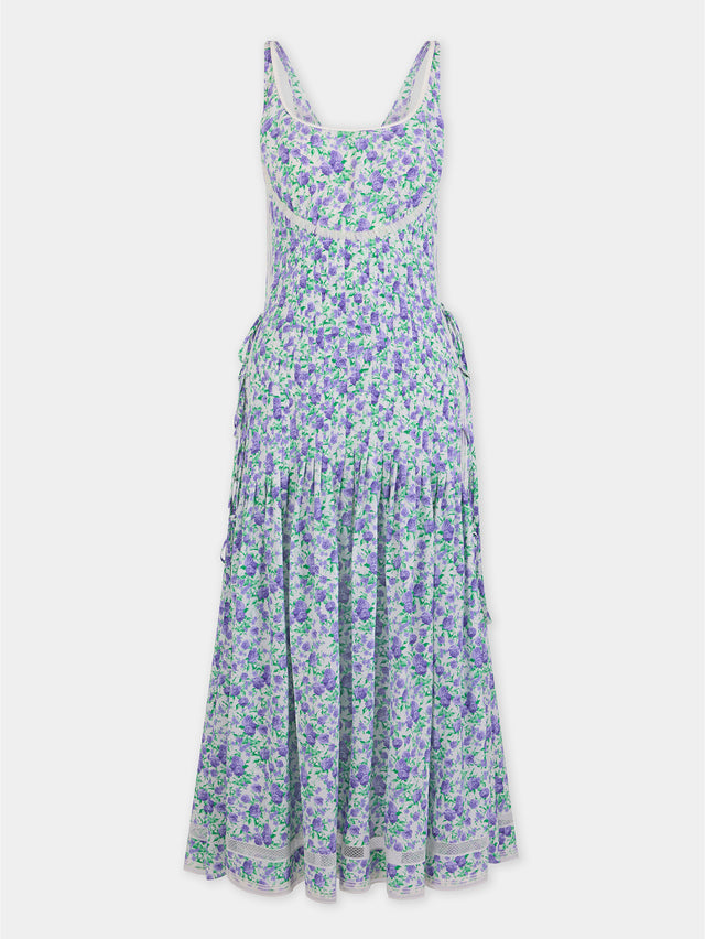 Midi Dress in Blue Liberty-Printed Viscose Crepe with Lace and Bow Details - Image 1