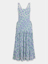 Midi Dress in Blue Liberty-Printed Viscose Crepe with Lace and Bow Details