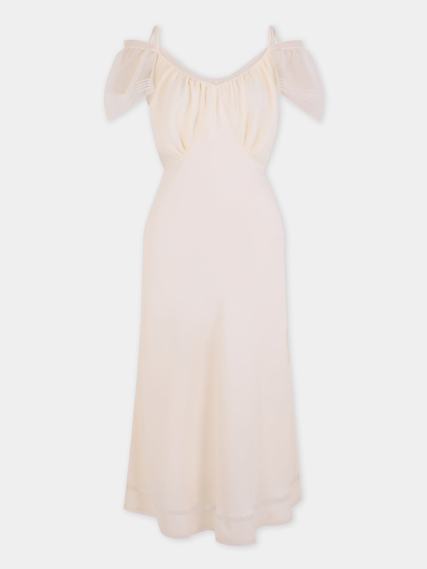 Midi Dress in White Viscose Crepe with Straps and Cut-Out Short Sleeves