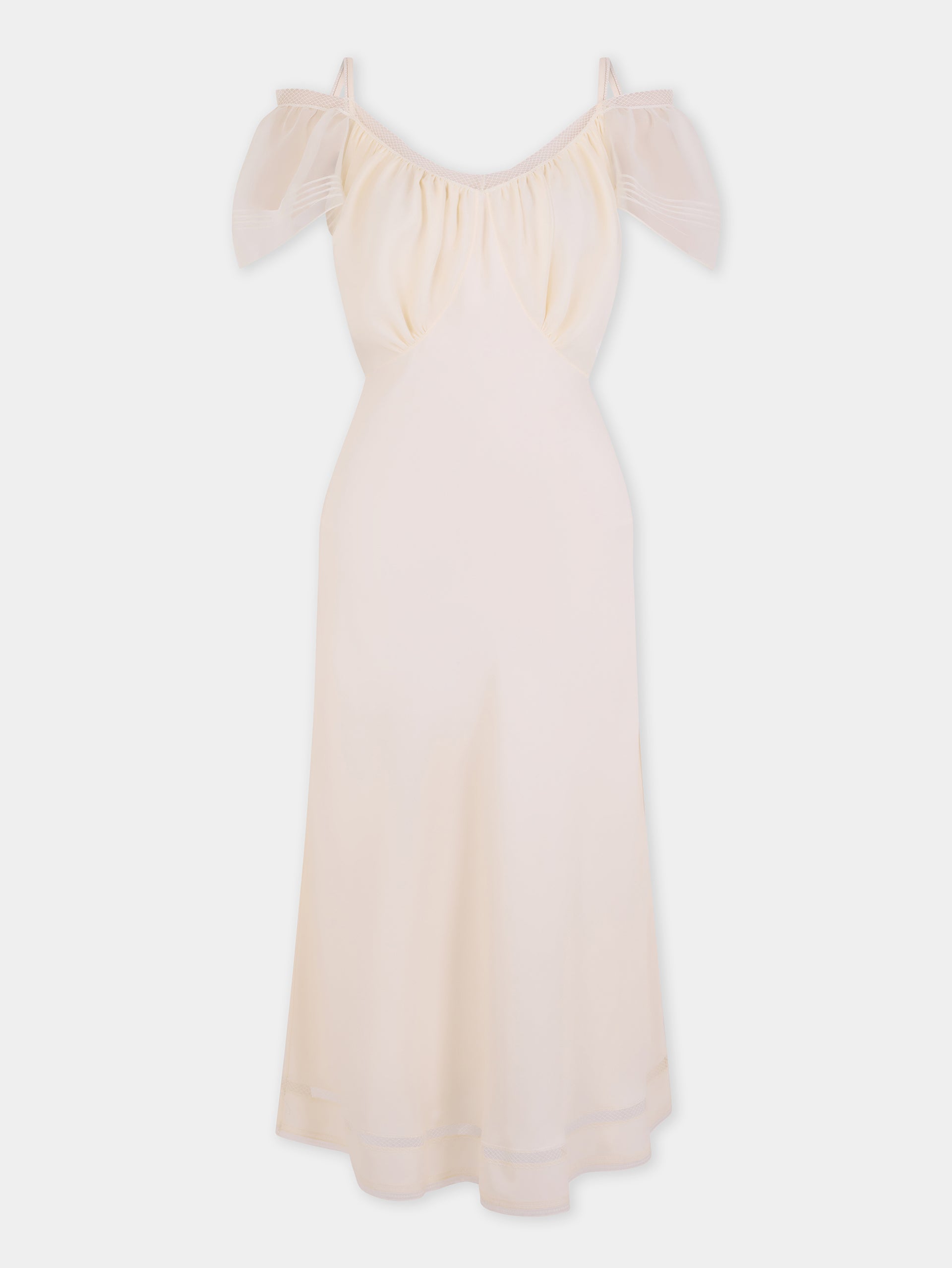 Midi Dress in White Viscose Crepe with Straps and Cut-Out Short Sleeves