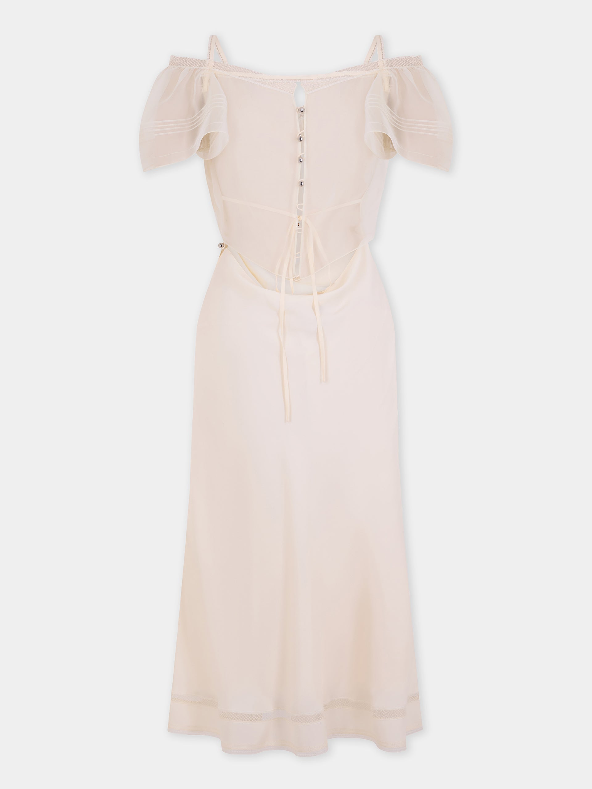 Midi Dress in White Viscose Crepe with Straps and Cut-Out Short Sleeves