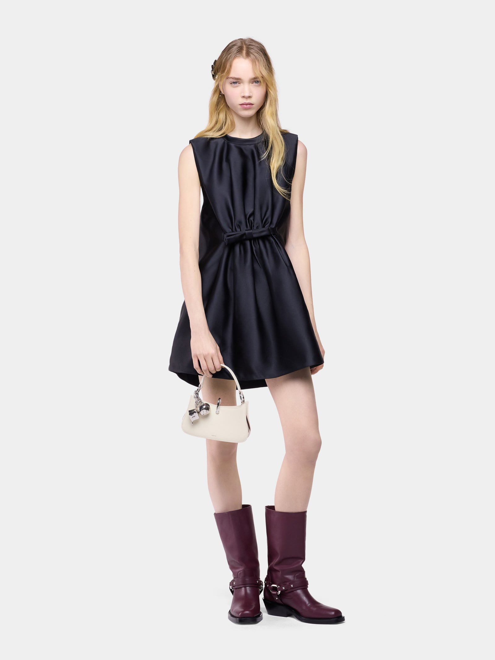 Tailored mini dress in black satin with bow detail position 1 - Image 1