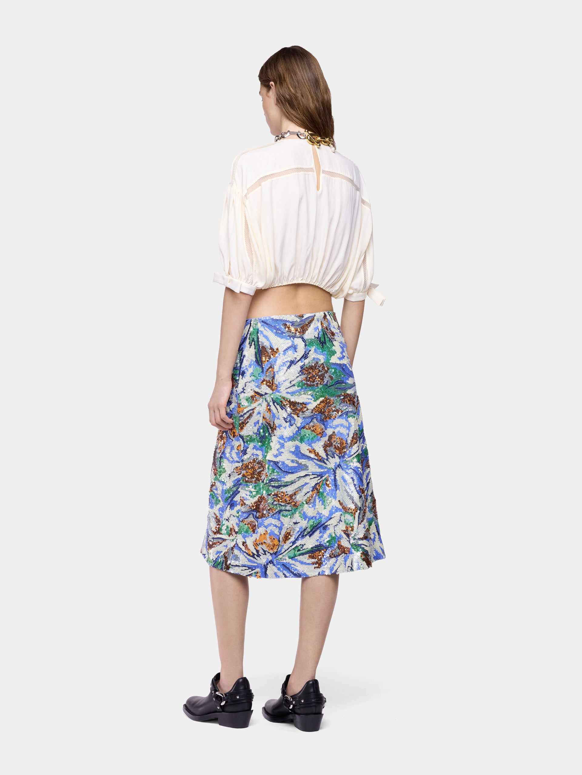 Crop Top in Off-White Viscose Crepe with Puff Sleeves