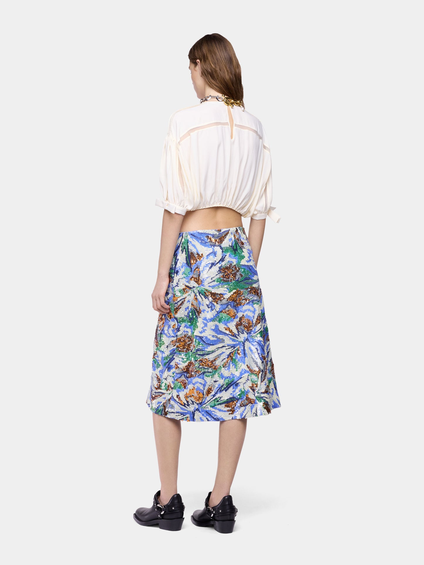 Midi Skirt with Multicolor Floral-Shaped Sequin Embroidery