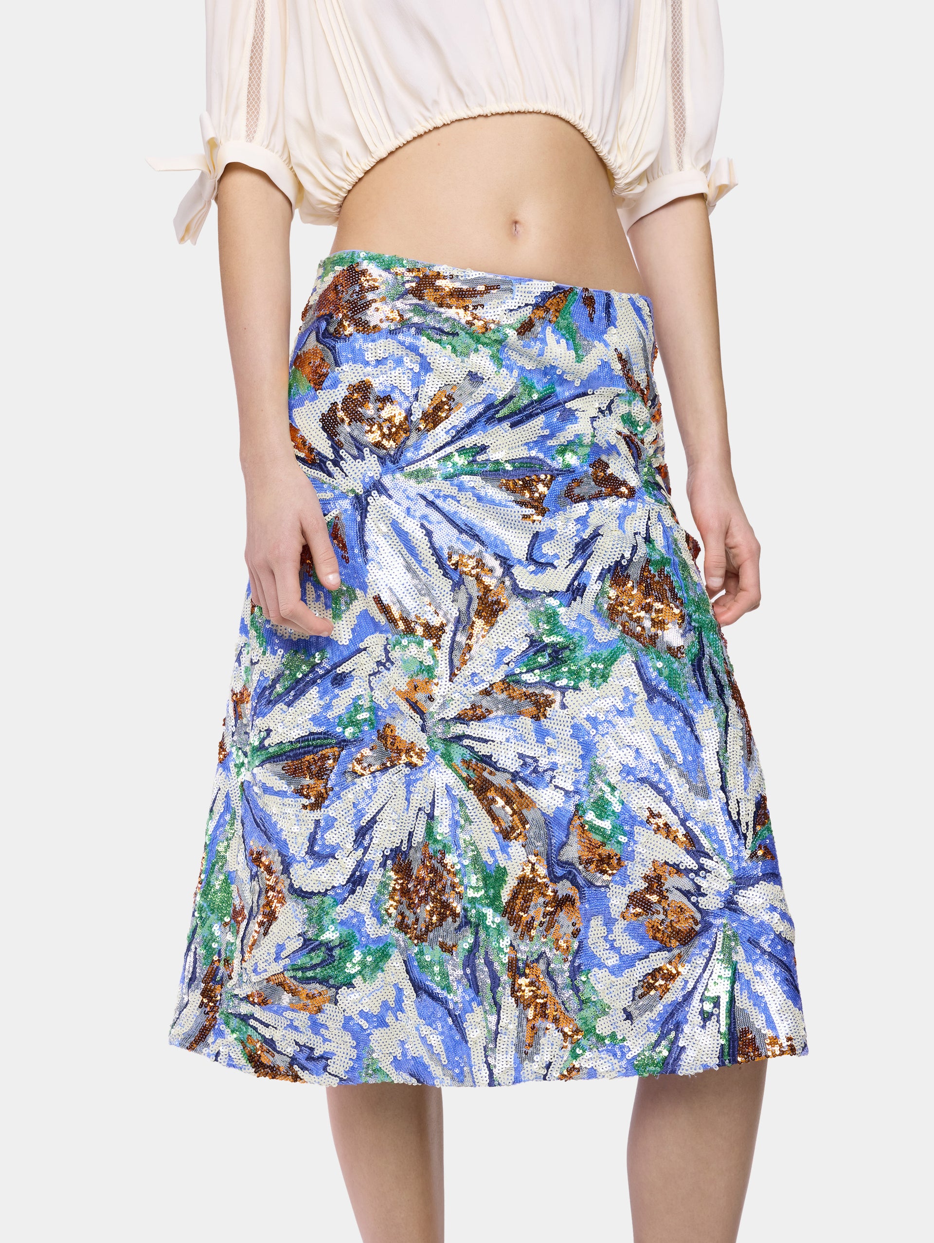 Midi Skirt with Multicolor Floral-Shaped Sequin Embroidery
