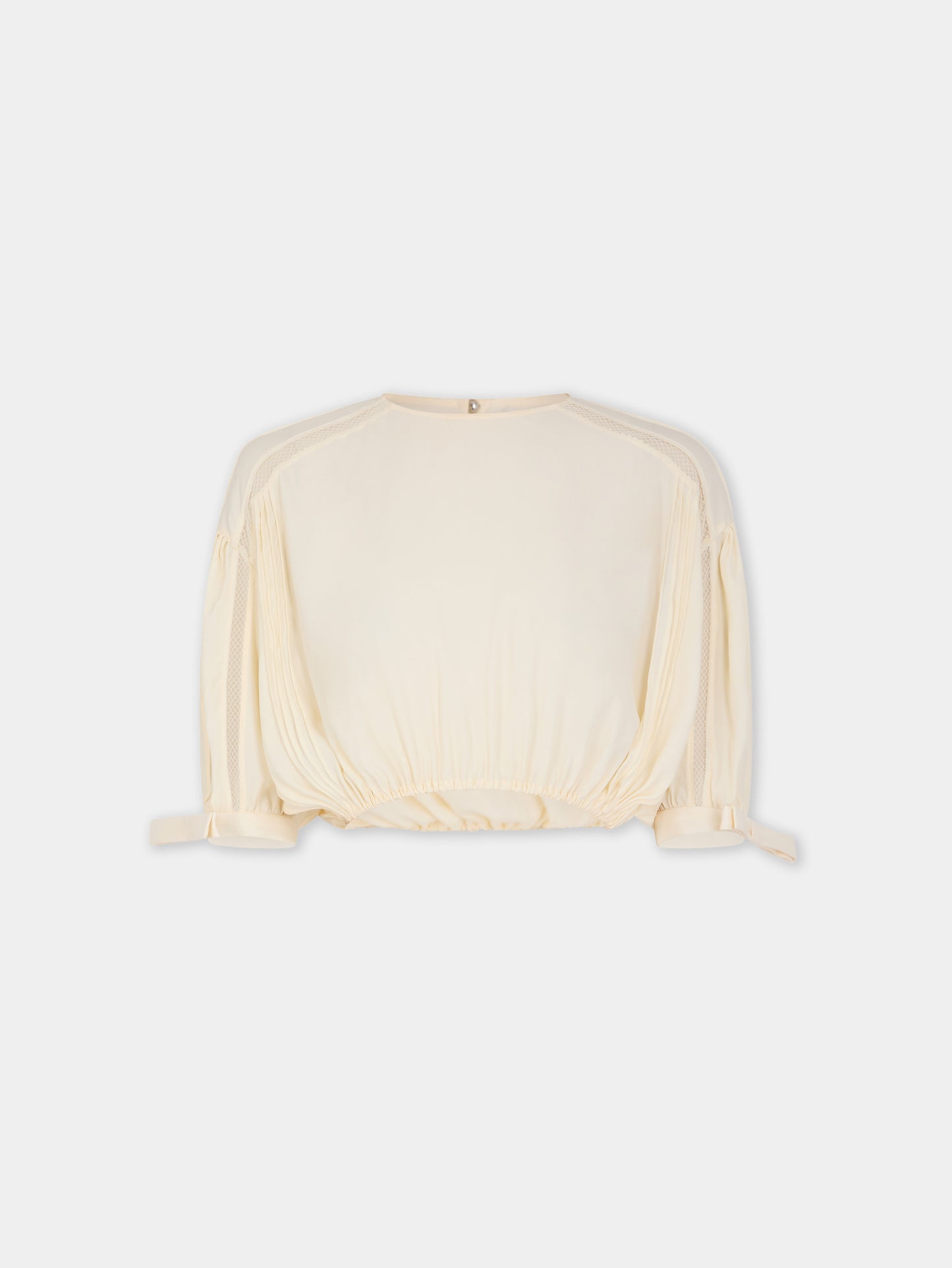 Top court en crêpe de viscose ivoire avec manches bouffantes