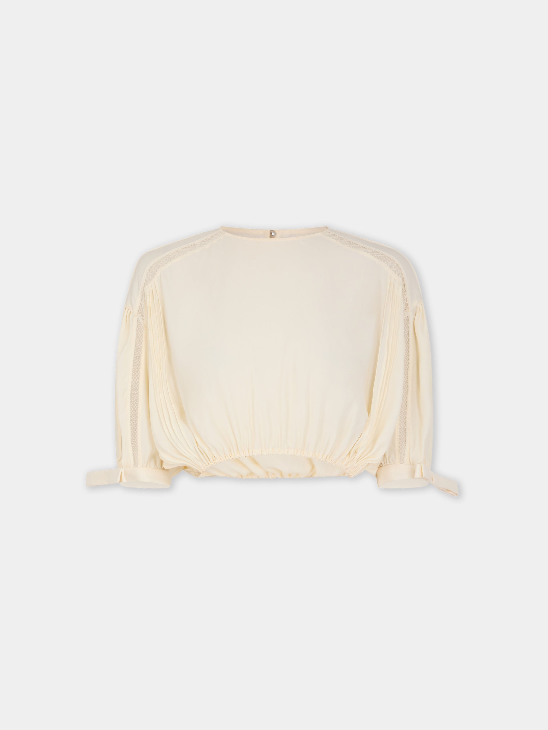 Top court en crêpe de viscose ivoire avec manches bouffantes