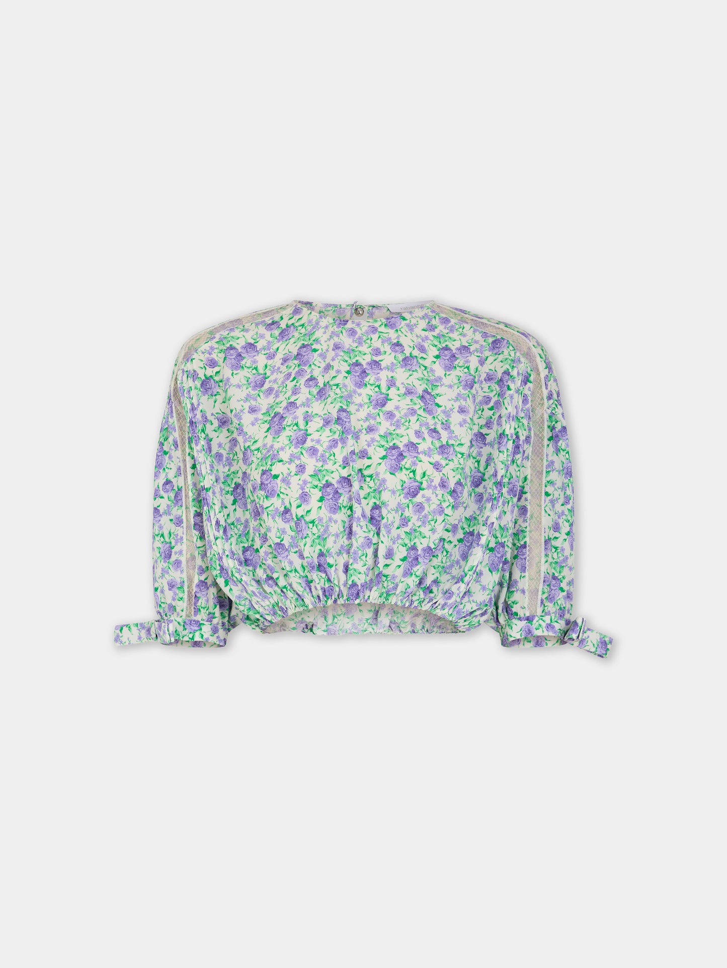 Top court en crêpe de viscose imprimé Liberty bleu avec manches bouffantes
