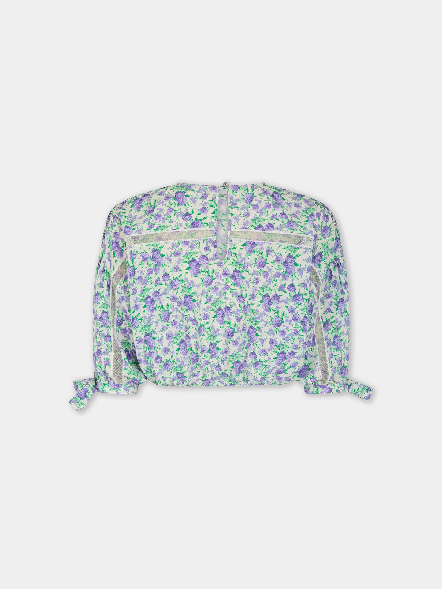 Top court en crêpe de viscose imprimé Liberty bleu avec manches bouffantes
