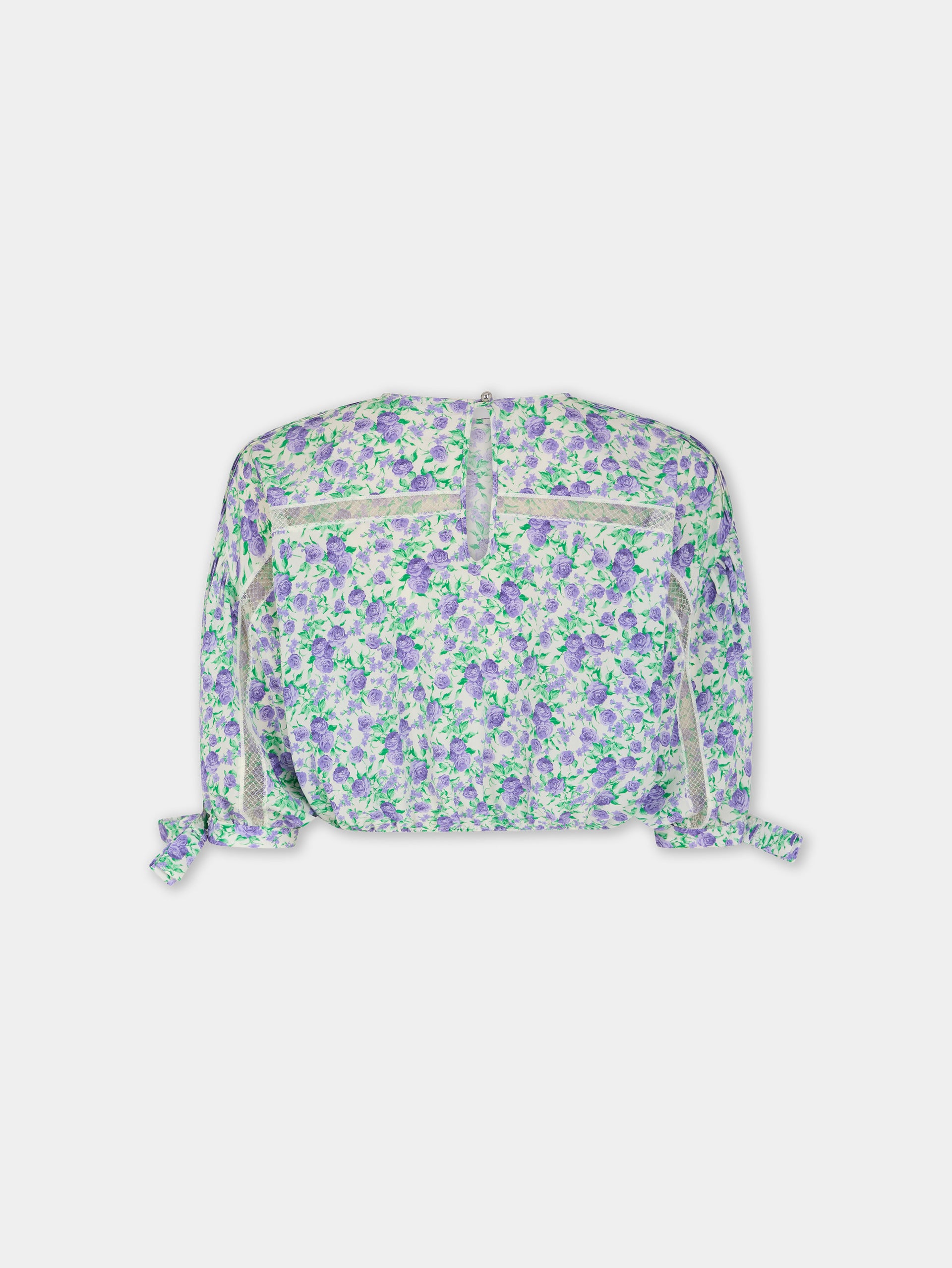 Top court en crêpe de viscose imprimé Liberty bleu avec manches bouffantes