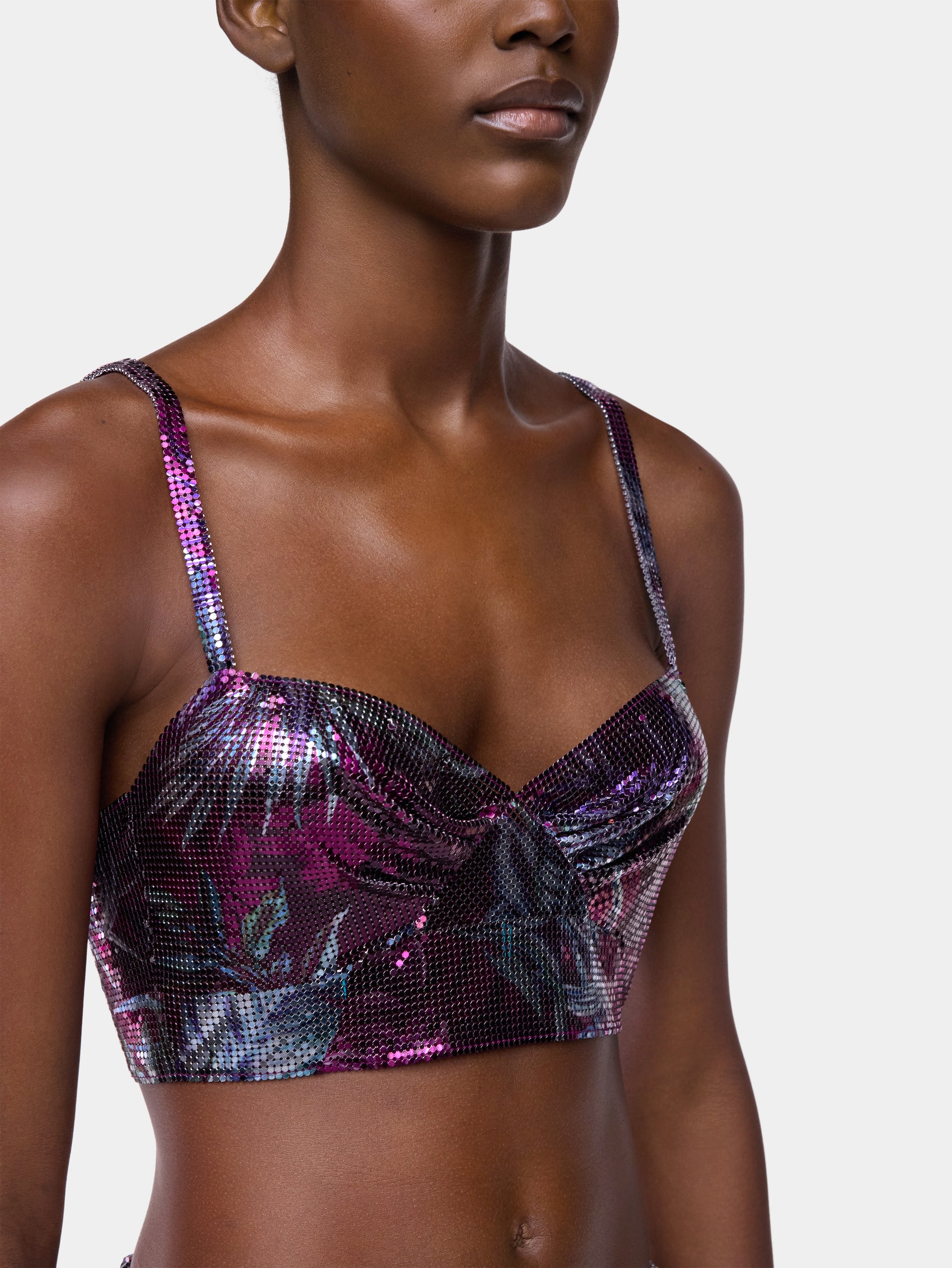 Sleeveless Bralette Top in Palm Tree-Printed Mesh