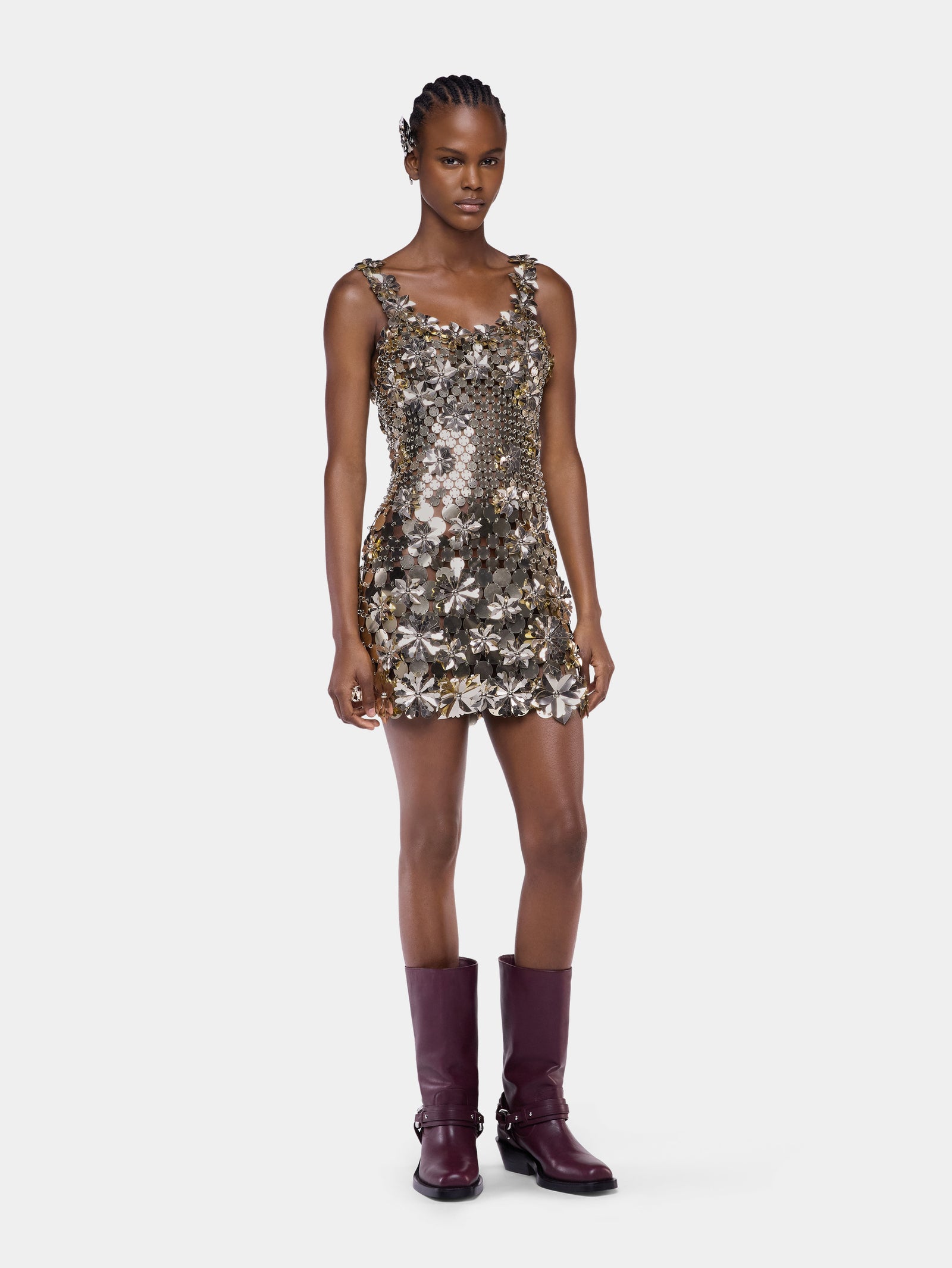 Mini dress in bi-color assemblage with flower details packshot front view 2 - Image 2