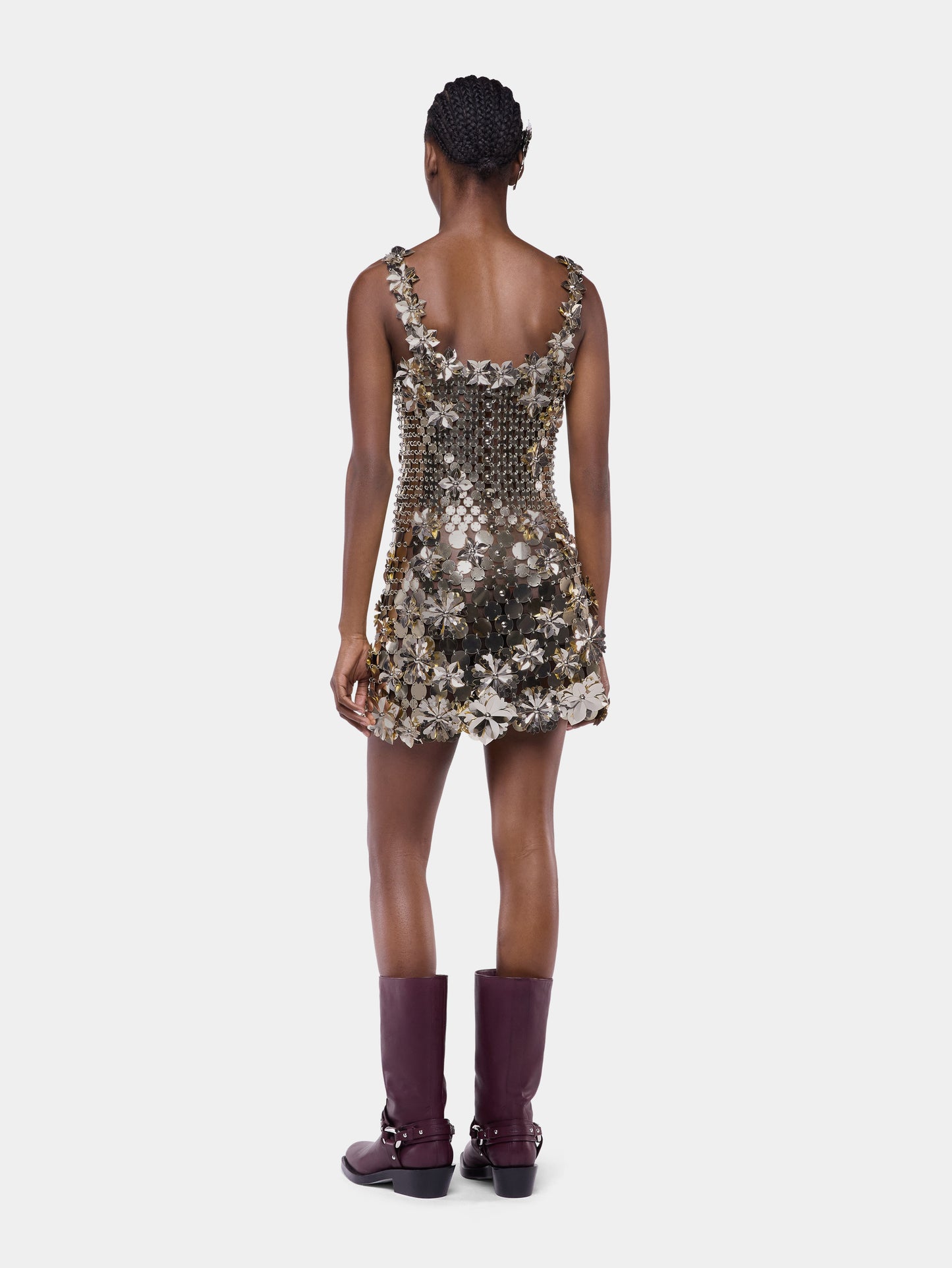Mini dress in bi-color assemblage with flower details
