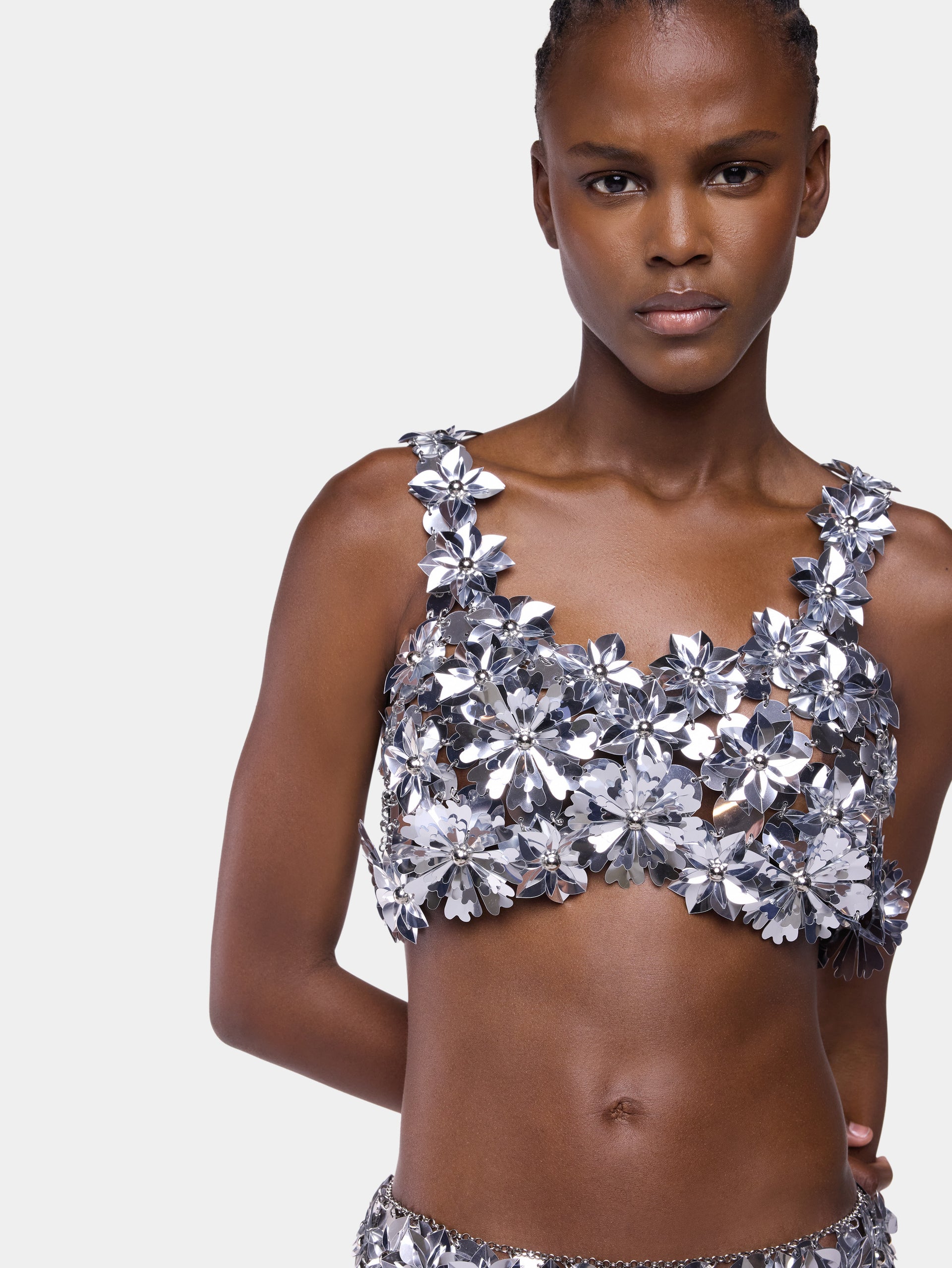 Sleeveless Bralette Top in Silver Assemblage with Flower Details