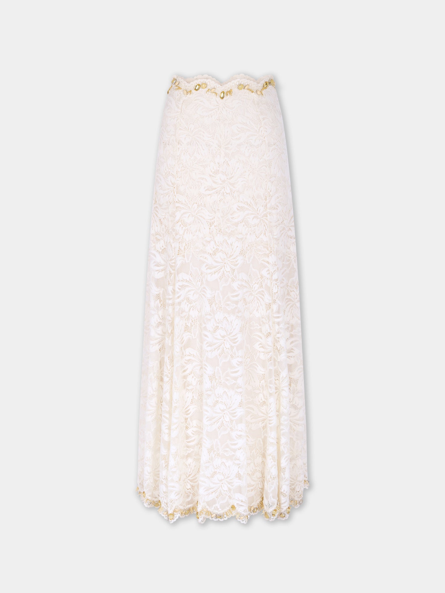 Long Skirt In Off White Hand Embroidered Lace