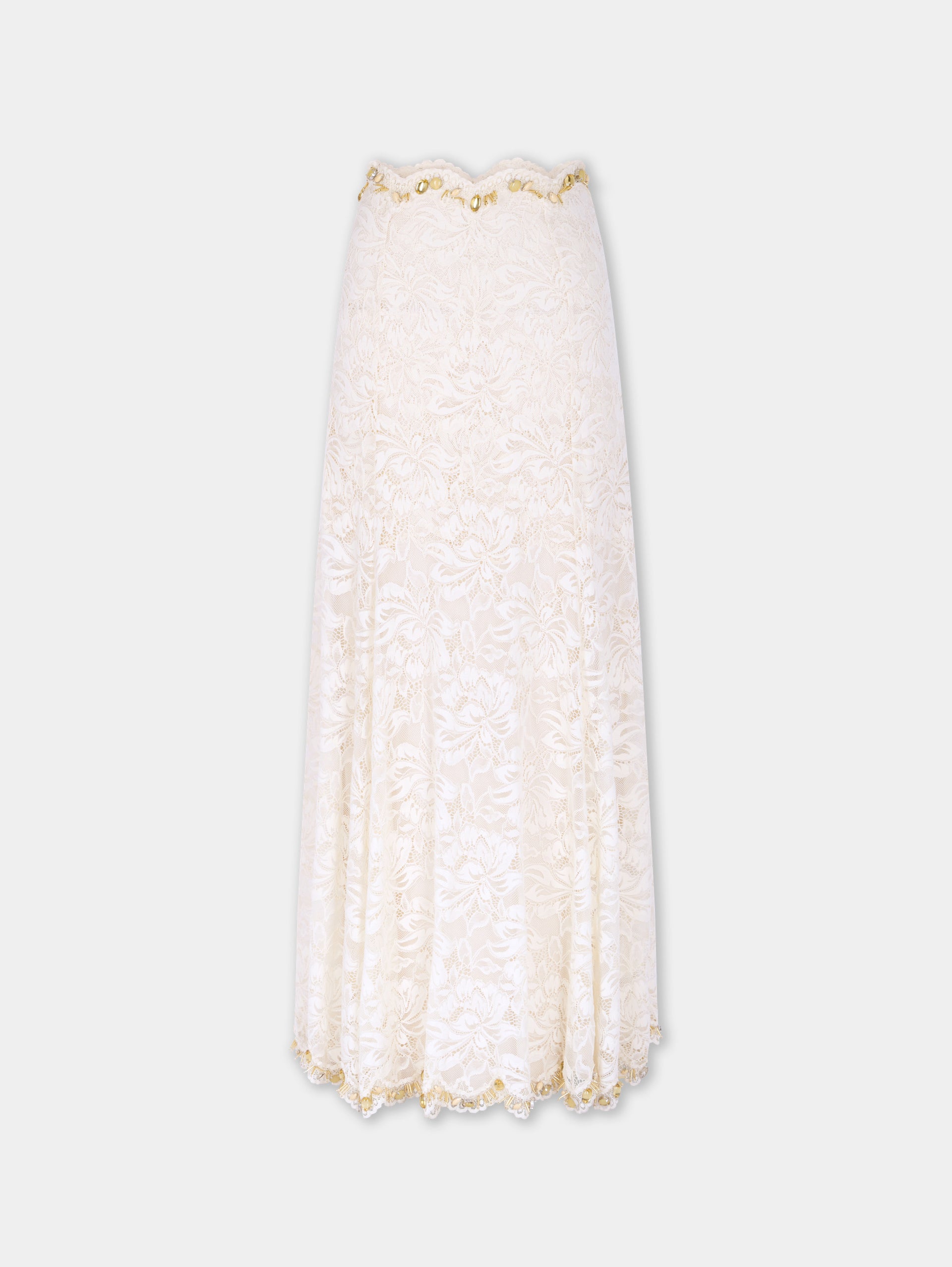 Long Skirt In Off White Hand Embroidered Lace