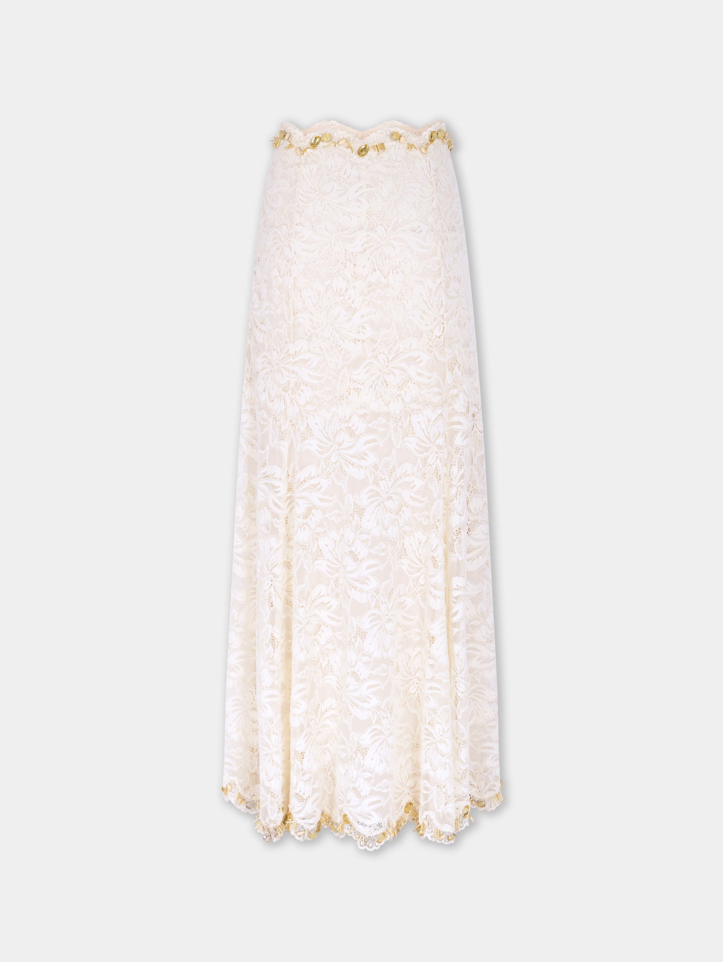 Long Skirt In Off White Hand Embroidered Lace