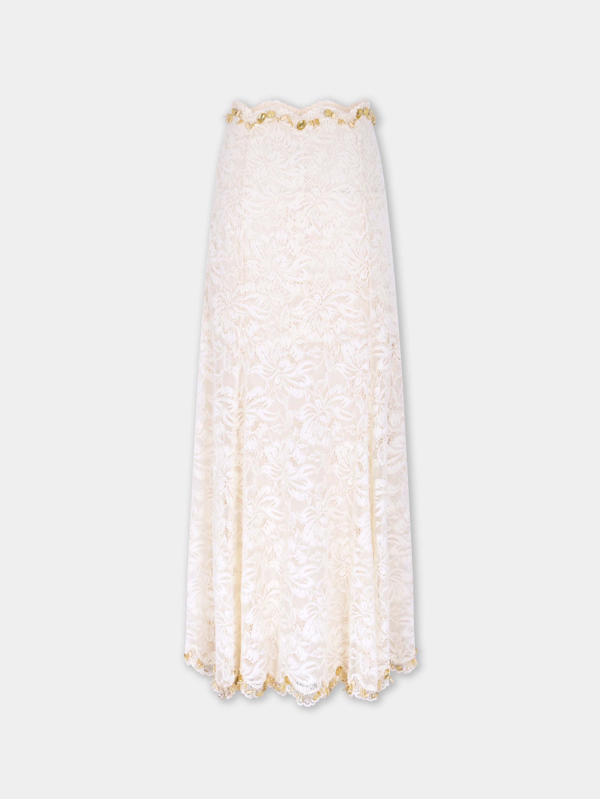 Long Skirt In Off White Hand Embroidered Lace