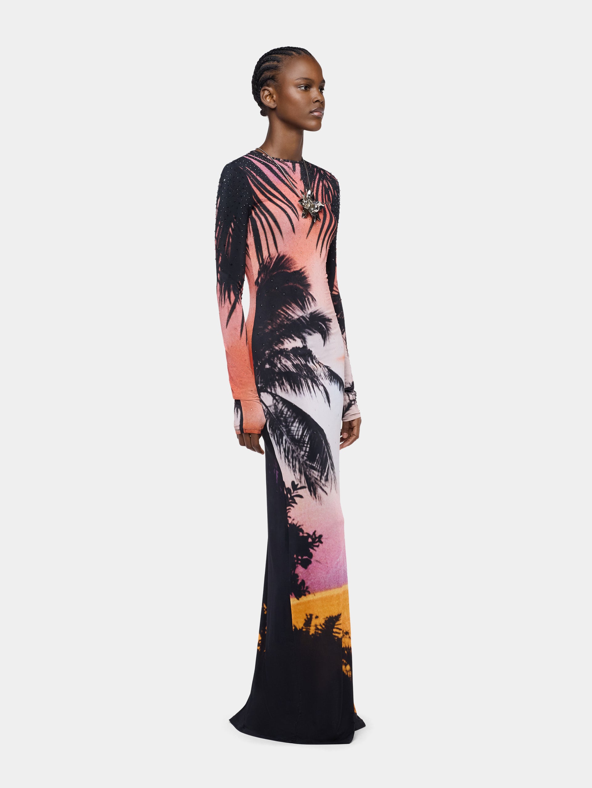 Maxi Dress in Thunderstorm-Printed Second-Skin Jersey