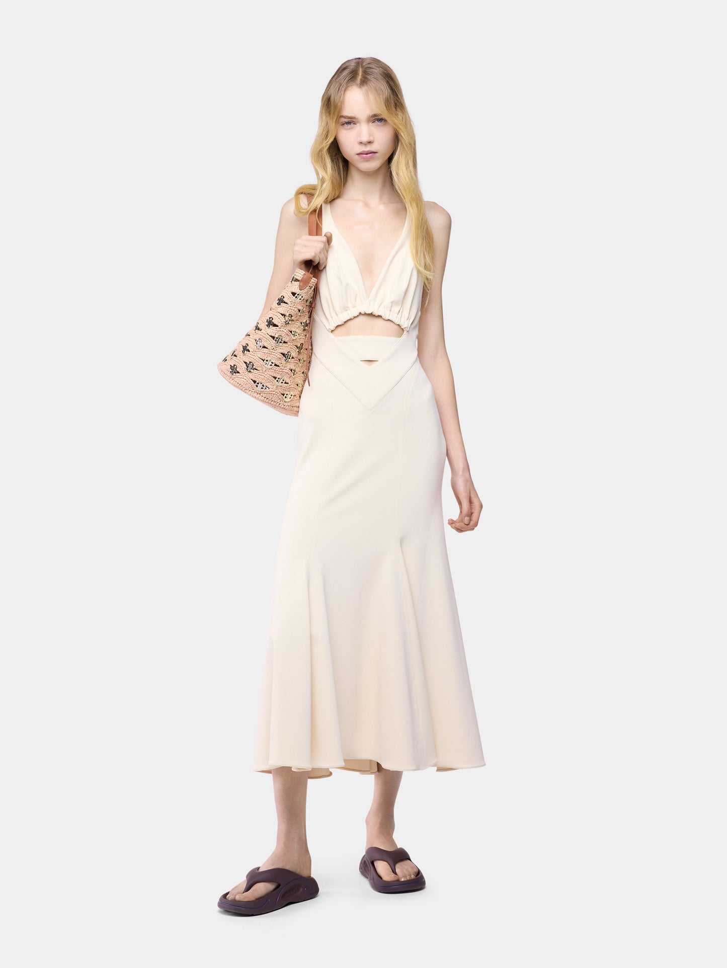 Midi dress in off white viscose jersey