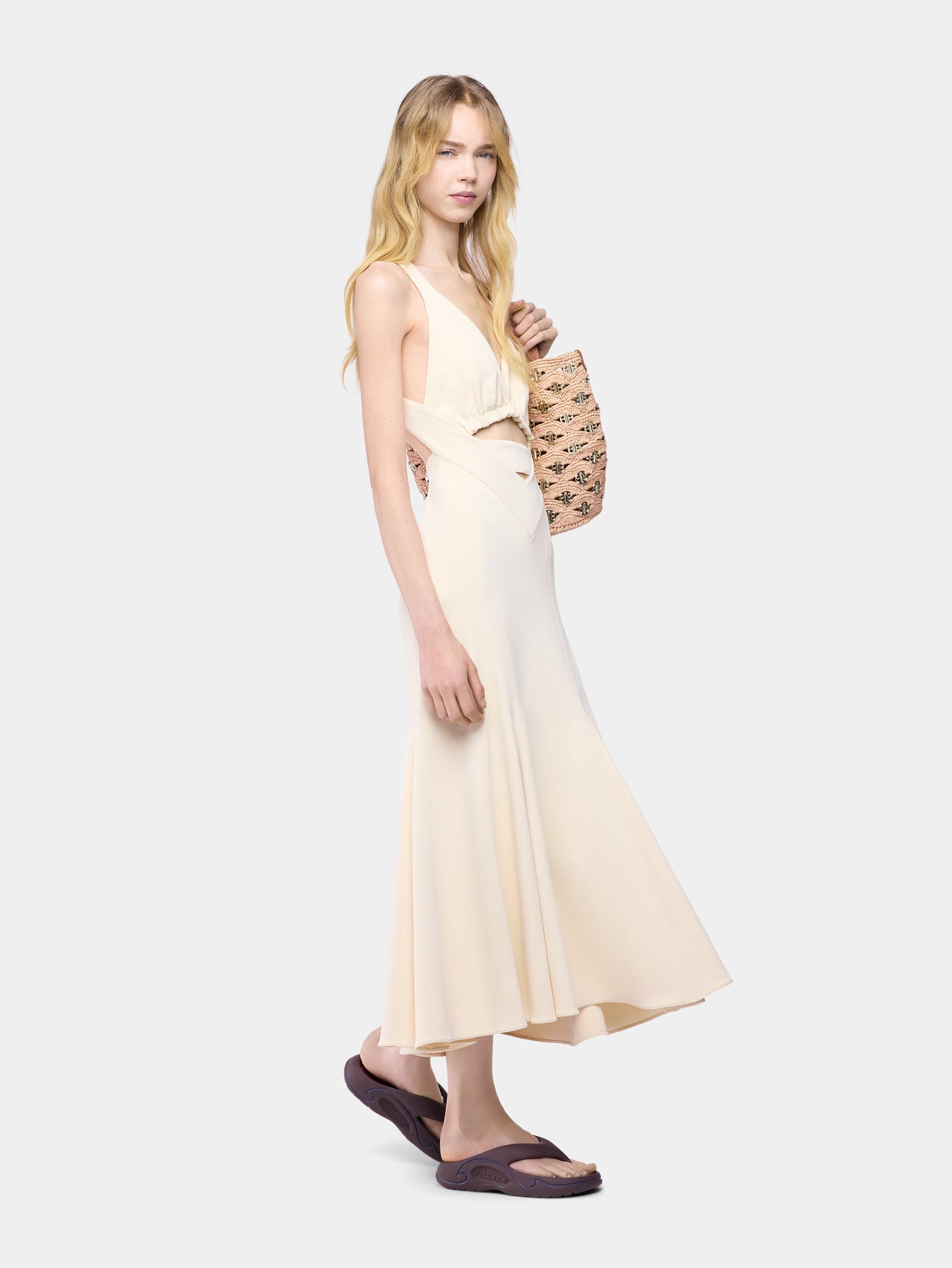 Midi dress in off white viscose jersey