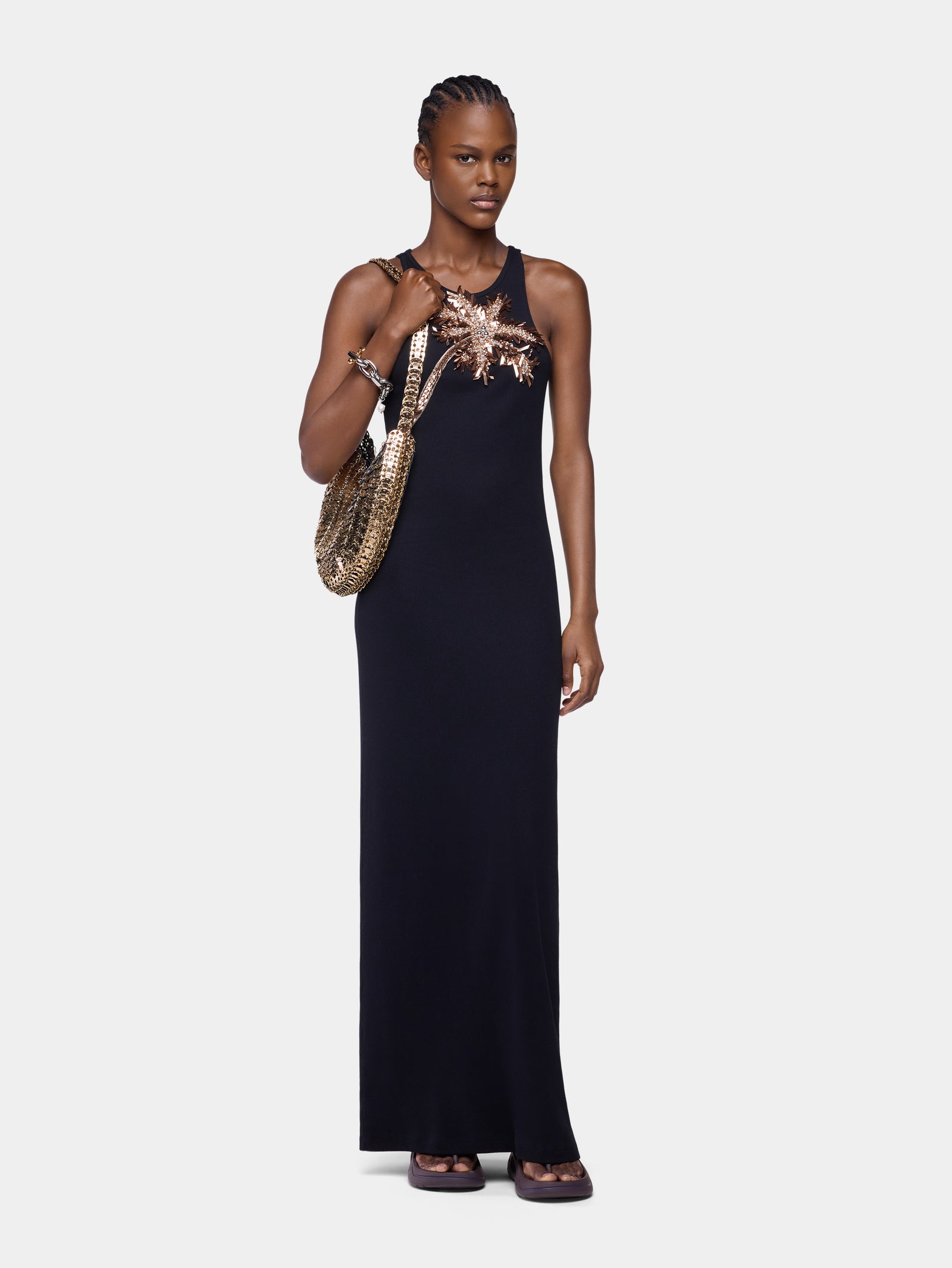 Maxi dress in black cotton with palm tree-shaped embroidery packshot front view 2 - Image 2