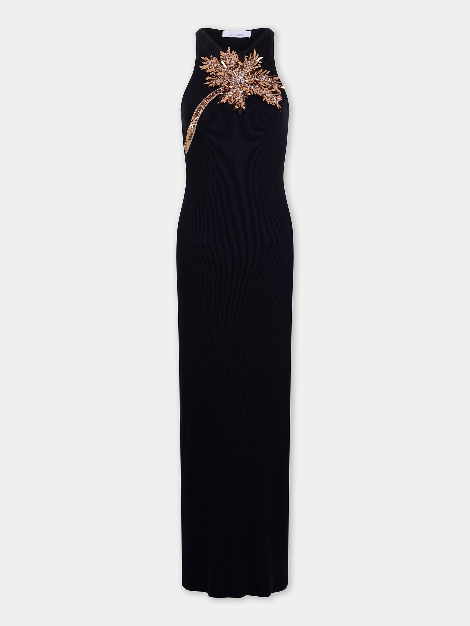 Maxi dress in black cotton with palm tree-shaped embroidery packshot front view 1 - Image 1