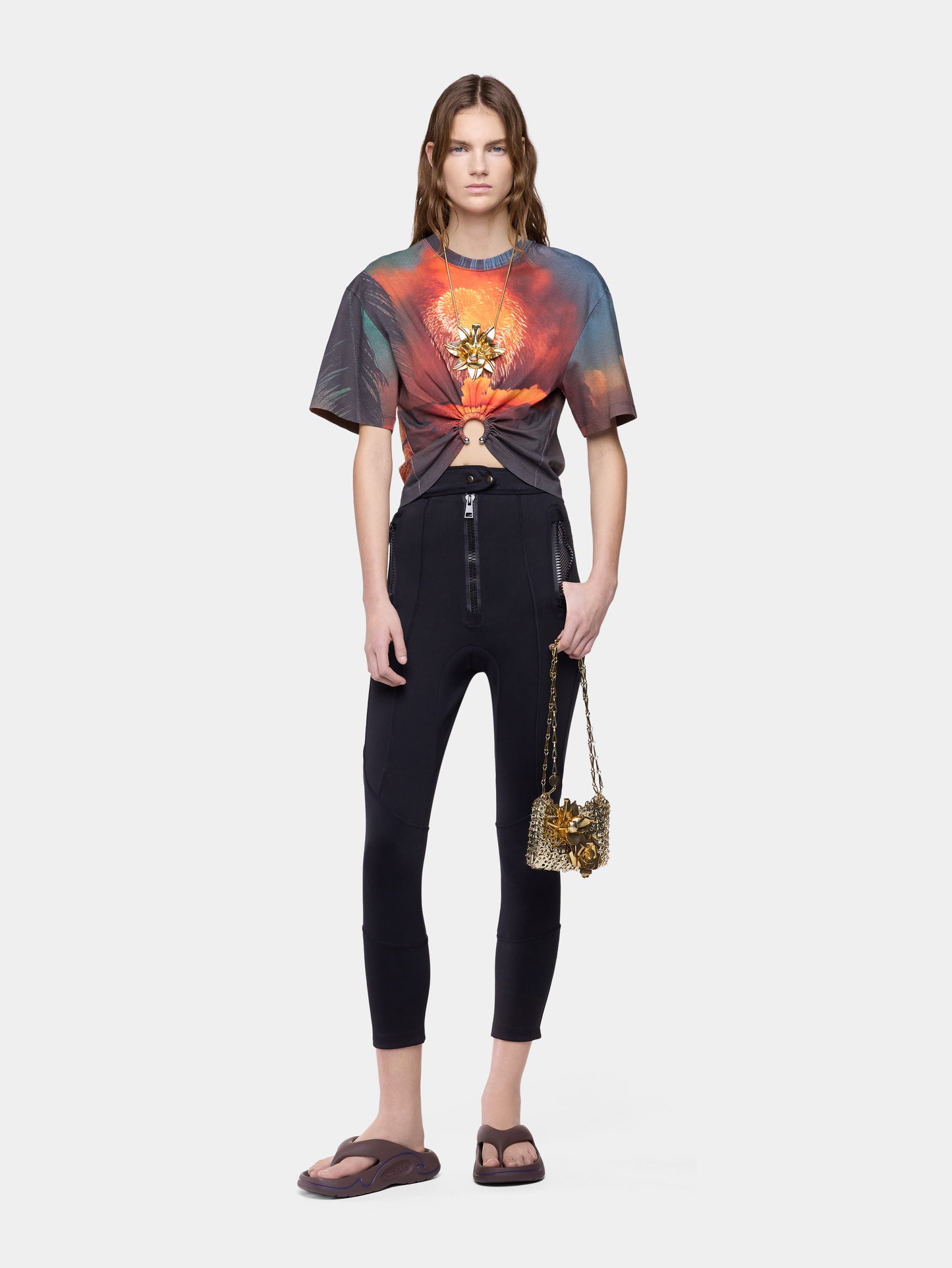T-Shirt in Firework-Printed Cotton with Signature Piercing Detail