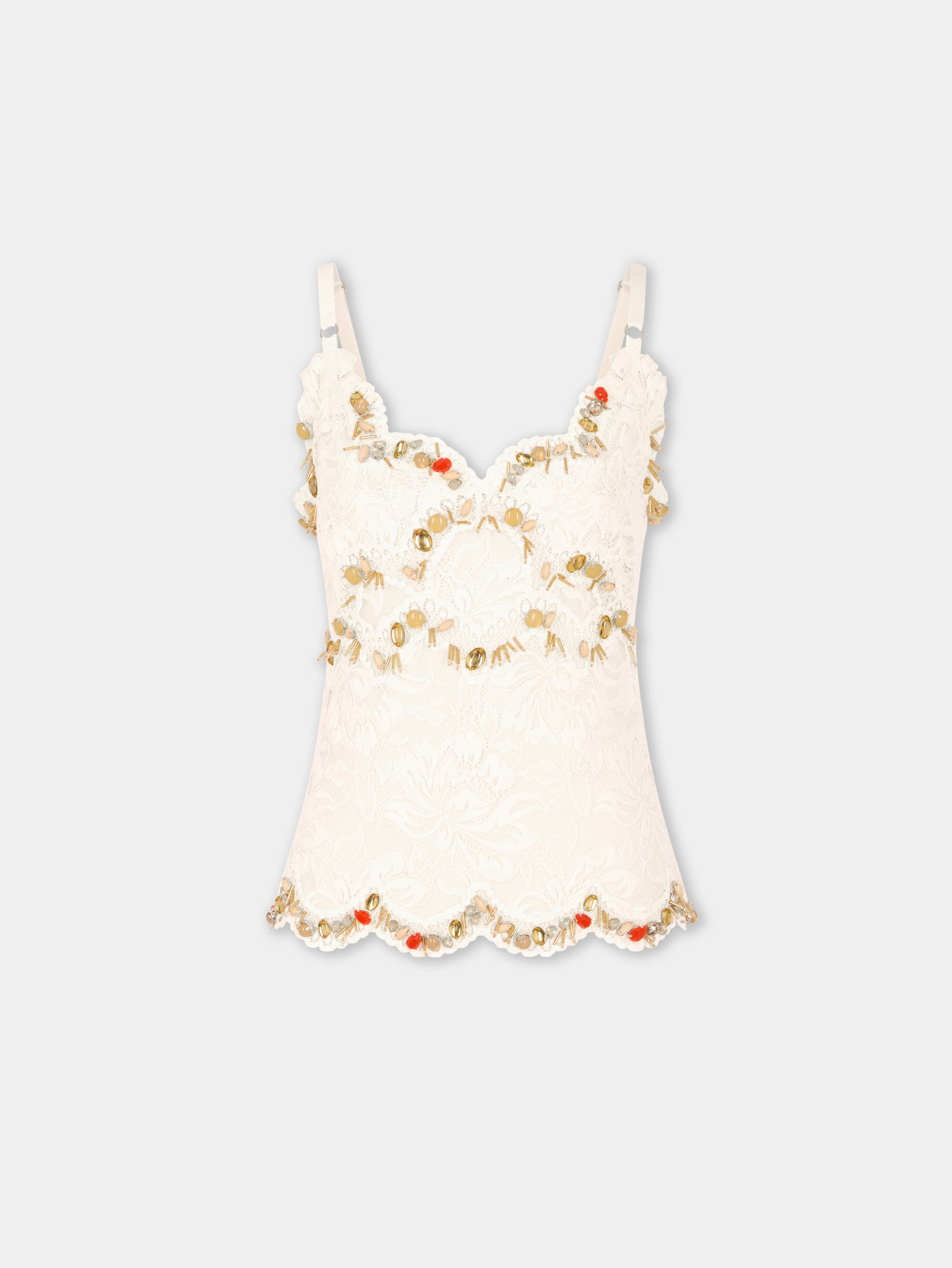 Sleeveless top in off white hand embroidered lace