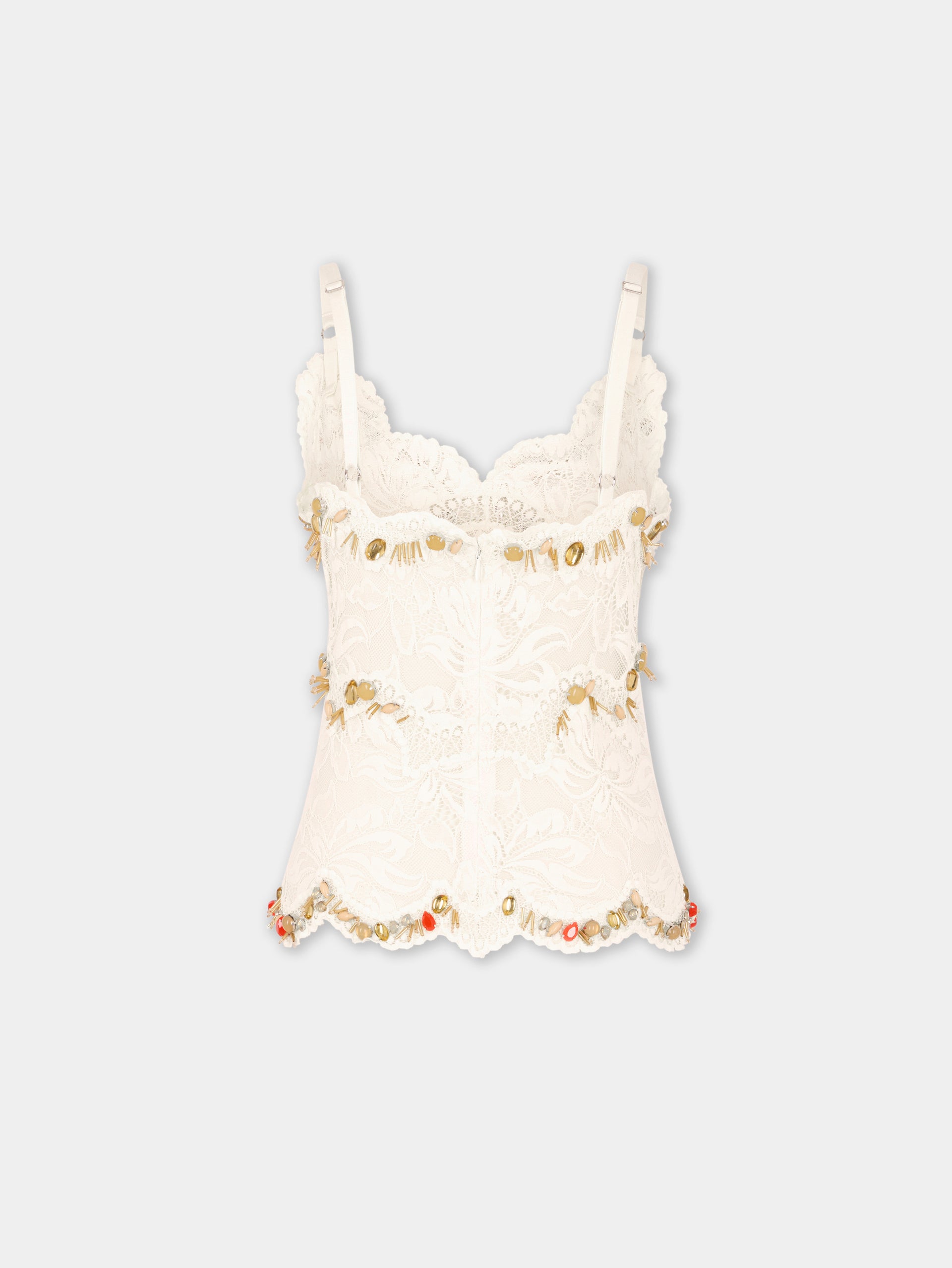 Sleeveless top in off white hand embroidered lace