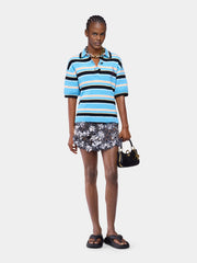 Polo in Striped Blue, Black and Orange Terry Cotton Knit position 2