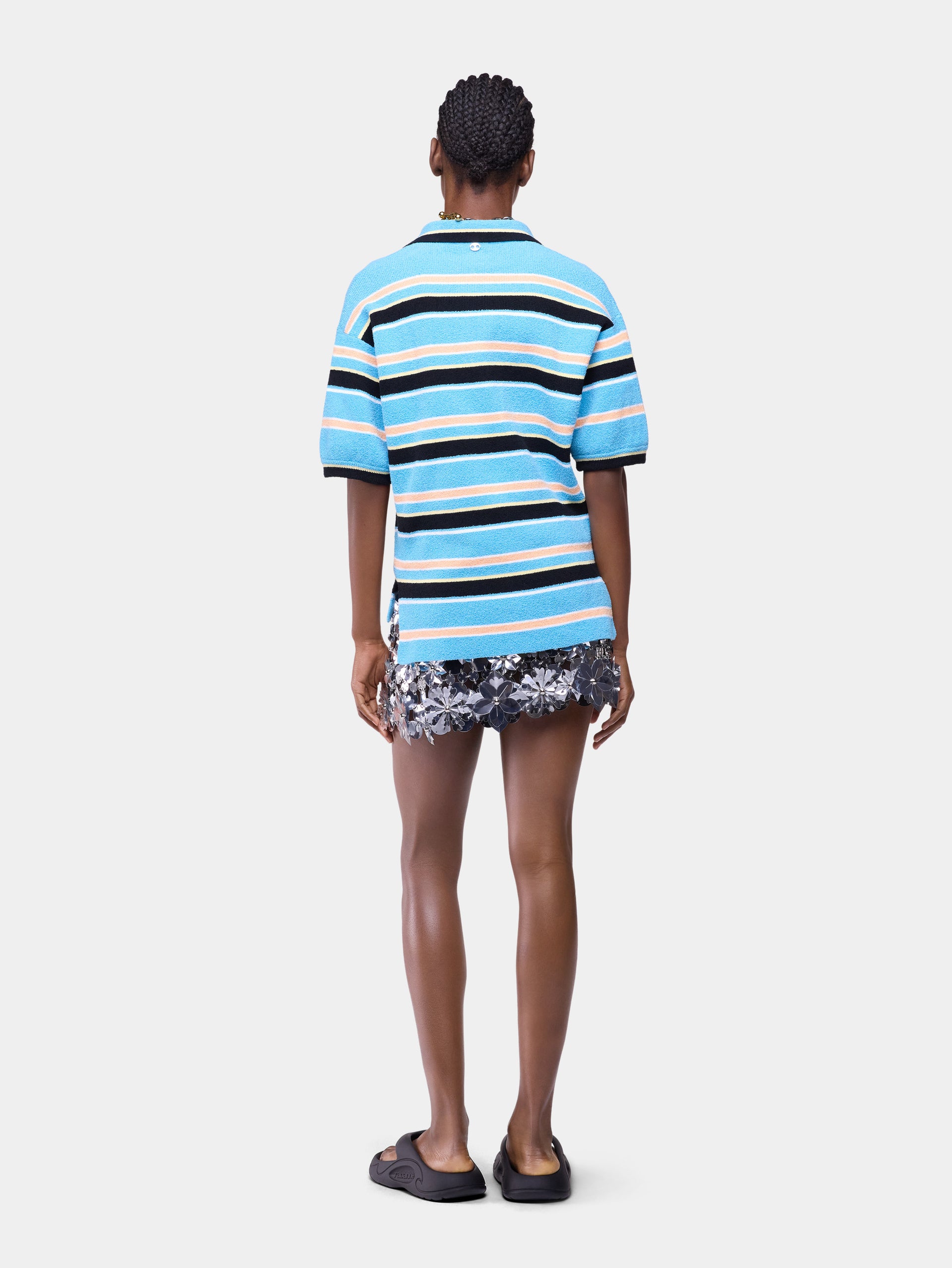 Polo in Striped Blue, Black and Orange Terry Cotton Knit