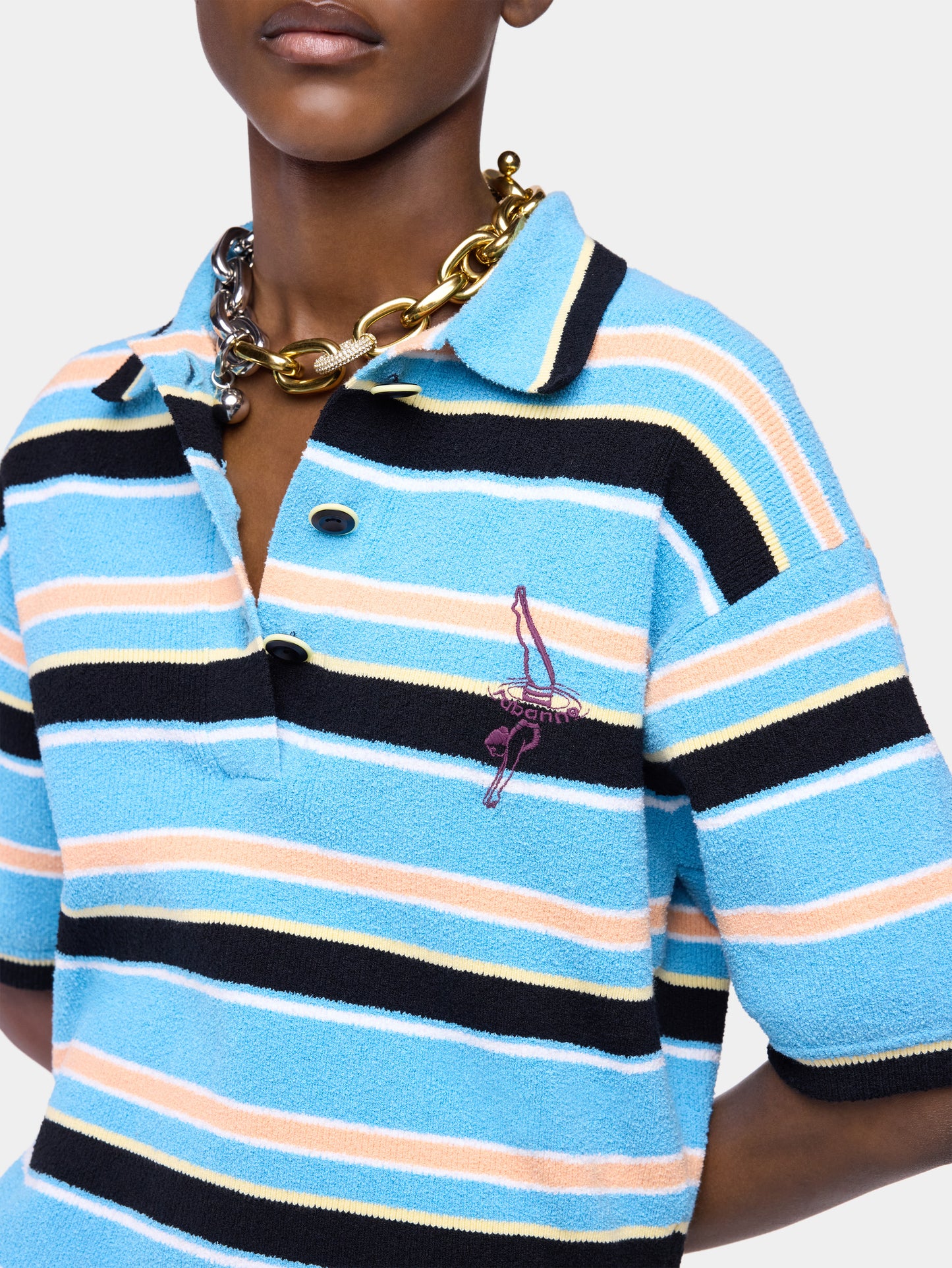 Polo in Striped Blue, Black and Orange Terry Cotton Knit