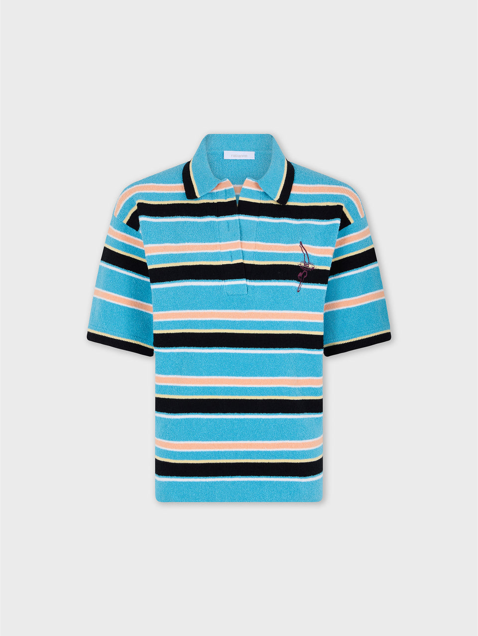 Polo in Striped Blue, Black and Orange Terry Cotton Knit position 1 - Image 1