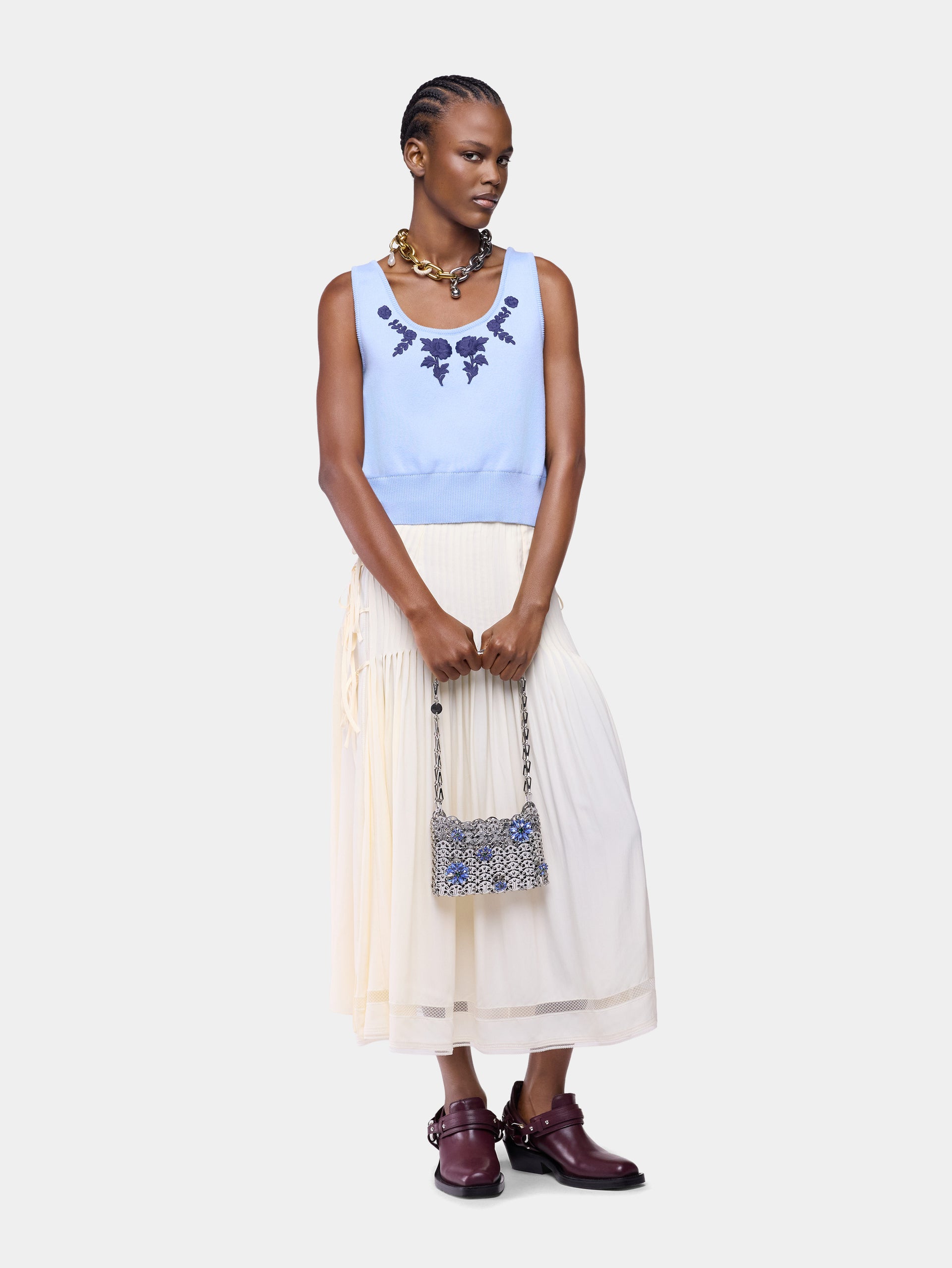 Tank Top in Blue Knitted Wool with Flower Embroidery