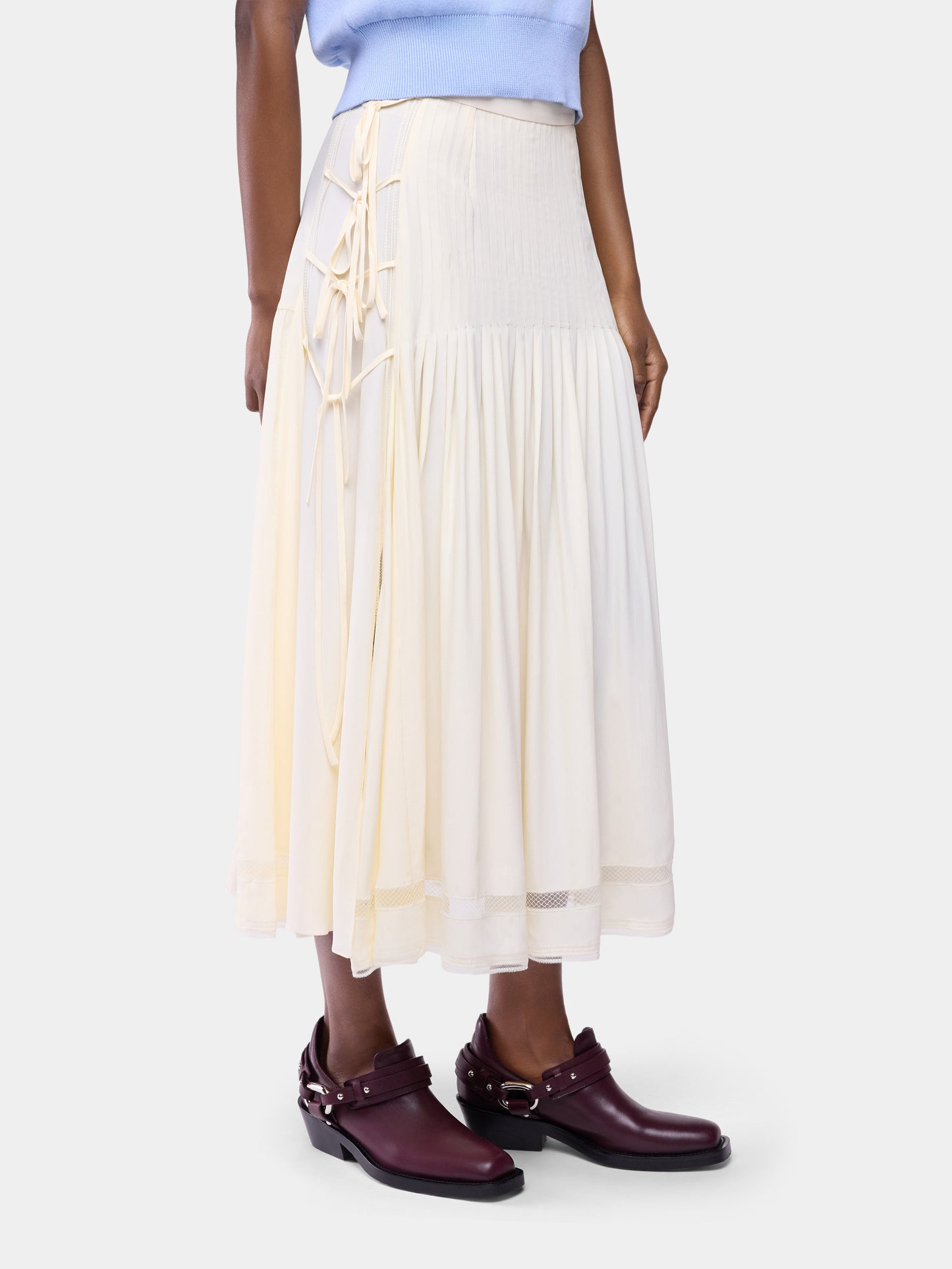 Midi Skirt in Off-White Viscose Crepe with Side Bow Details