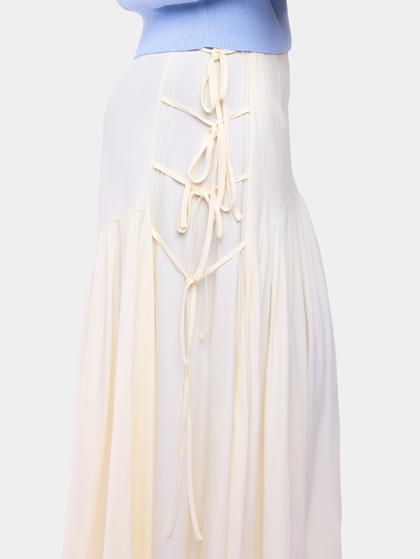 Midi Skirt in Off-White Viscose Crepe with Side Bow Details