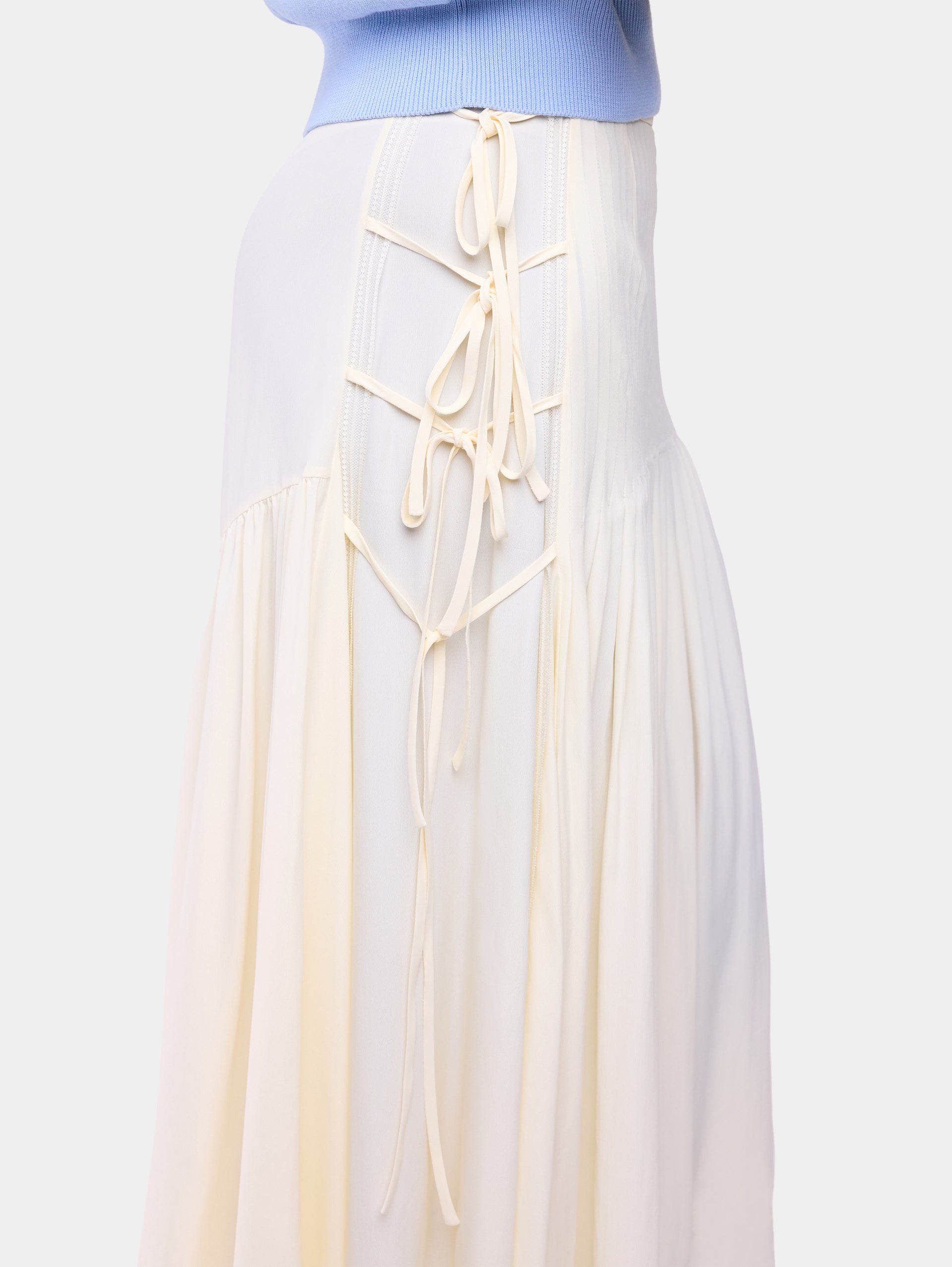 Midi Skirt in Off-White Viscose Crepe with Side Bow Details