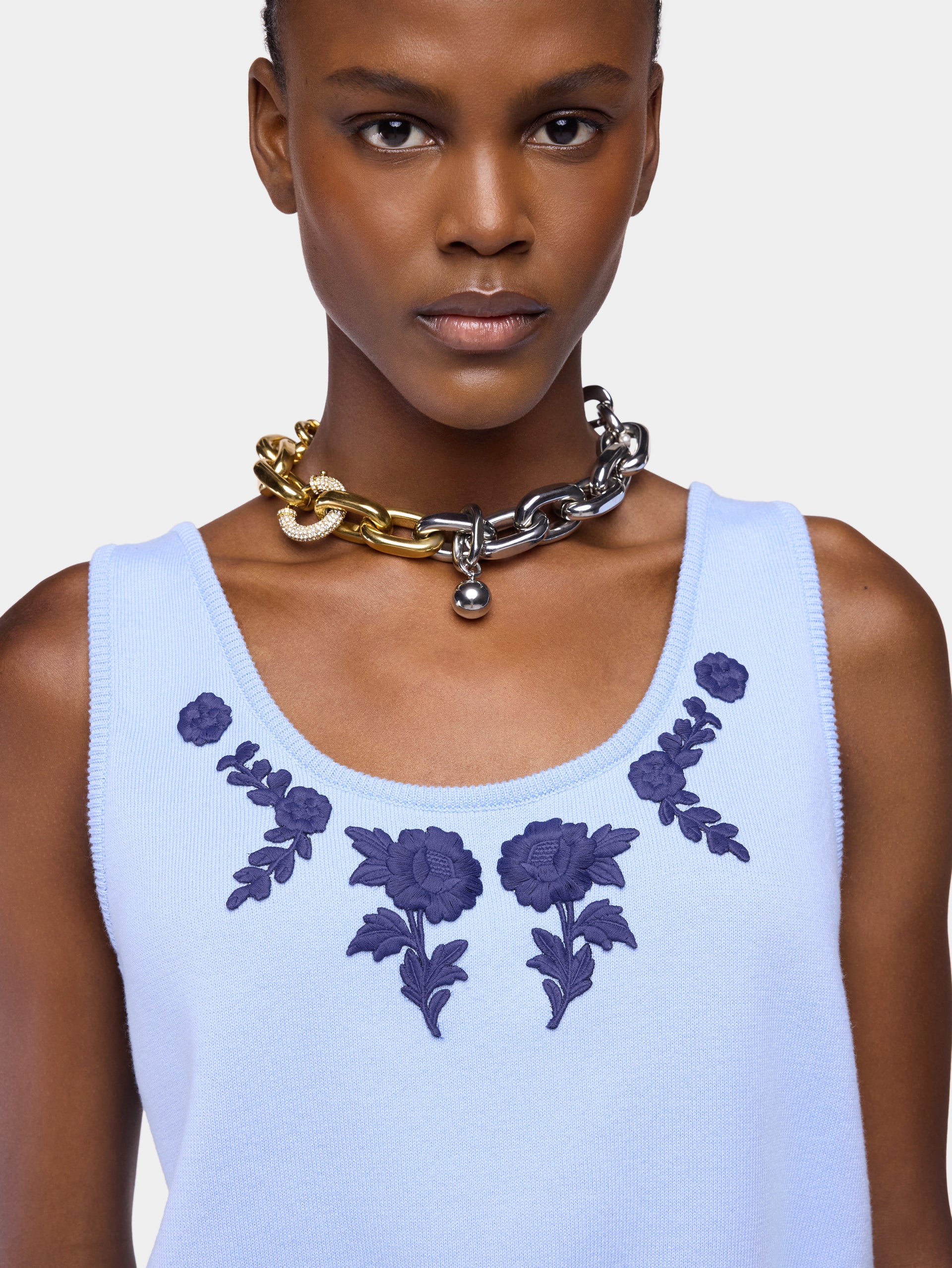Tank Top in Blue Knitted Wool with Flower Embroidery