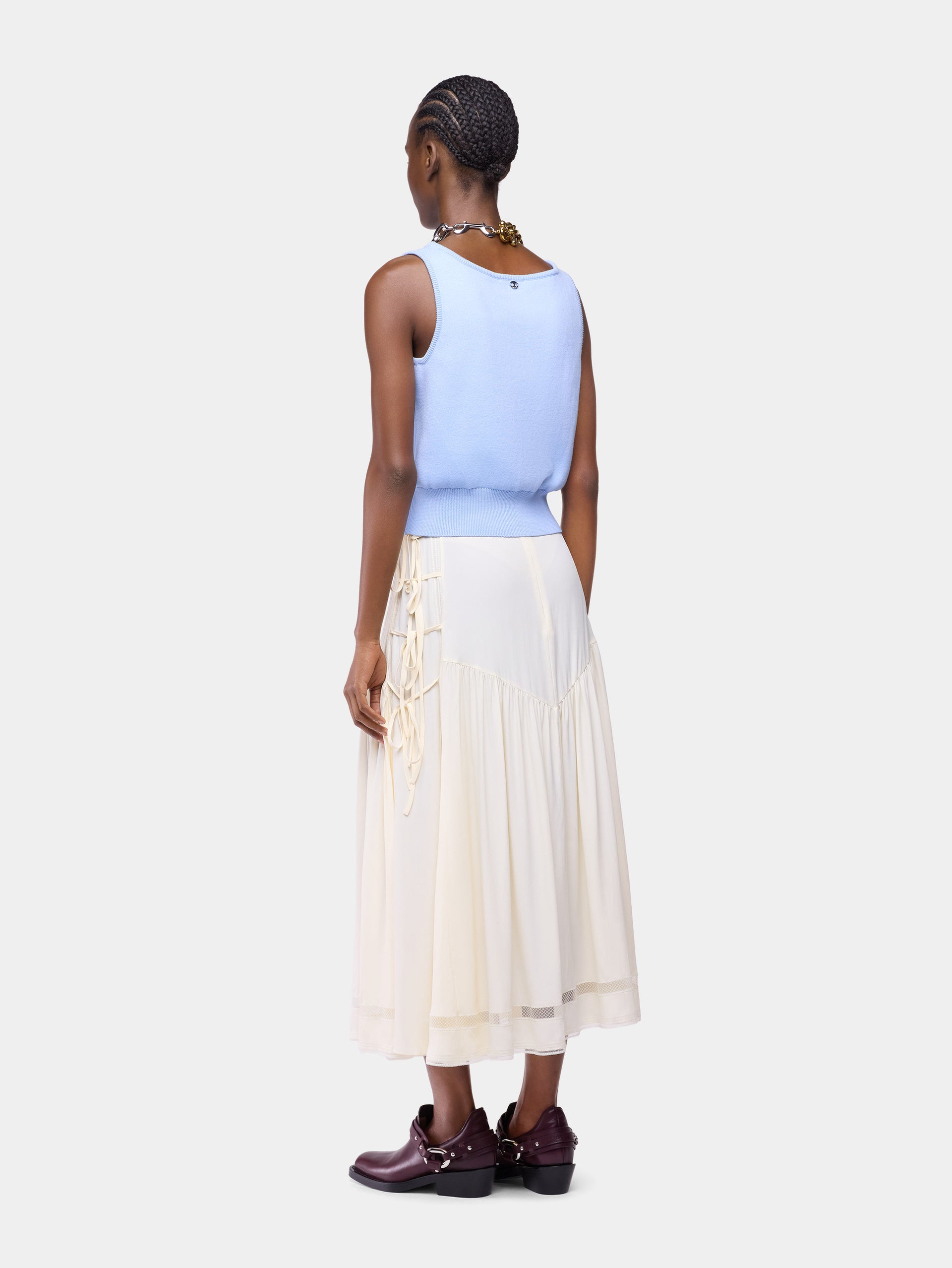 Midi Skirt in Off-White Viscose Crepe with Side Bow Details