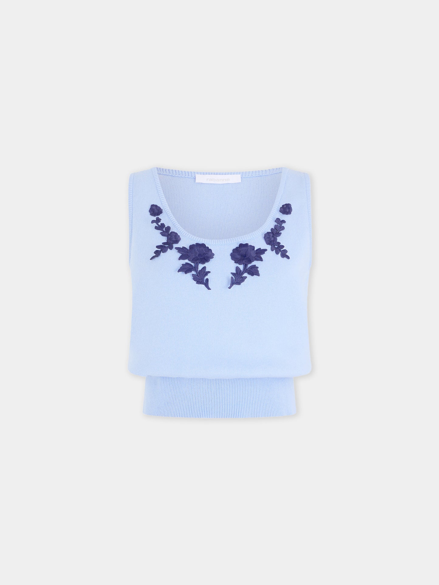Tank Top in Blue Knitted Wool with Flower Embroidery