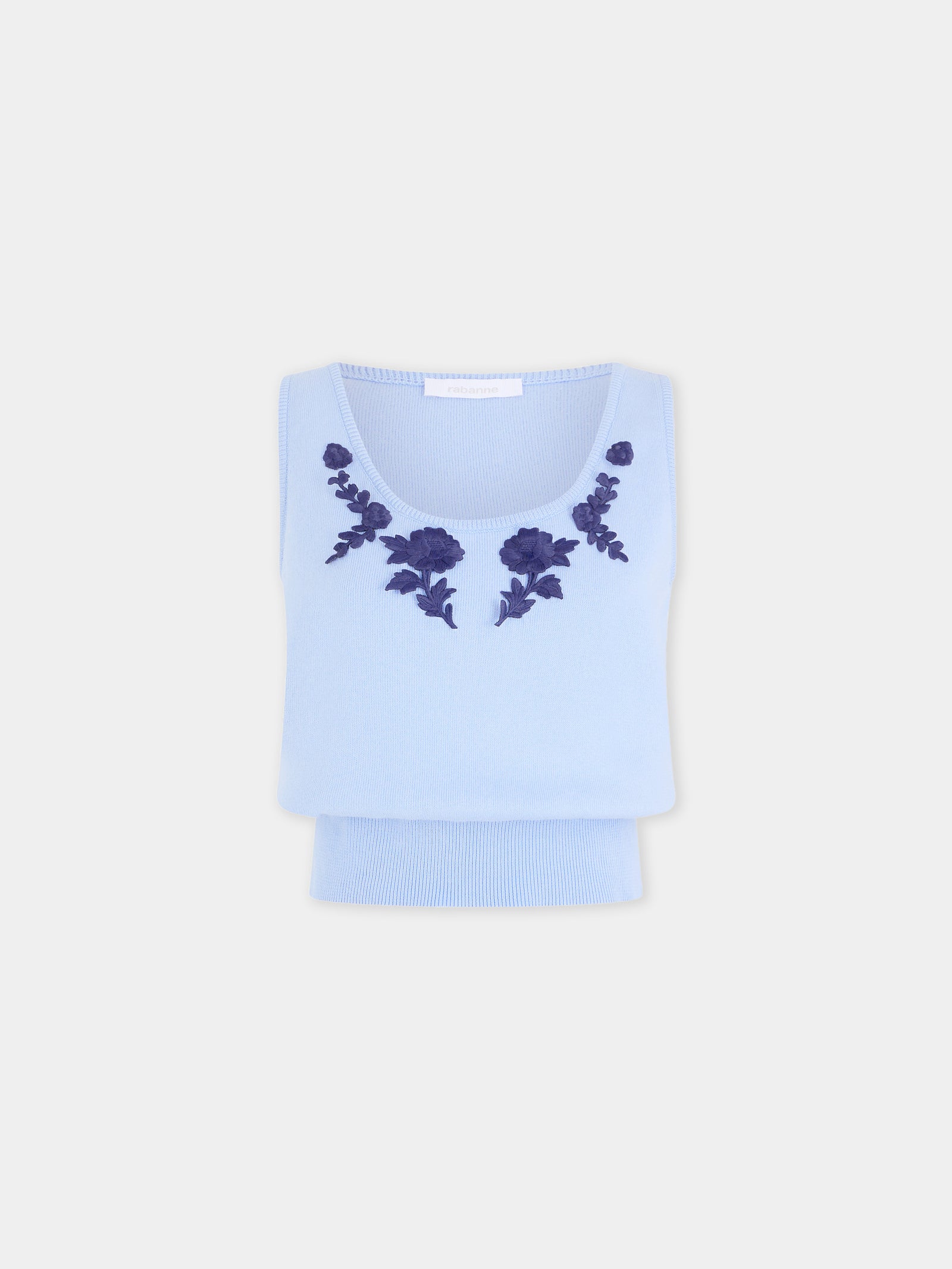 Tank Top in Blue Knitted Wool with Flower Embroidery position 1 - Image 1