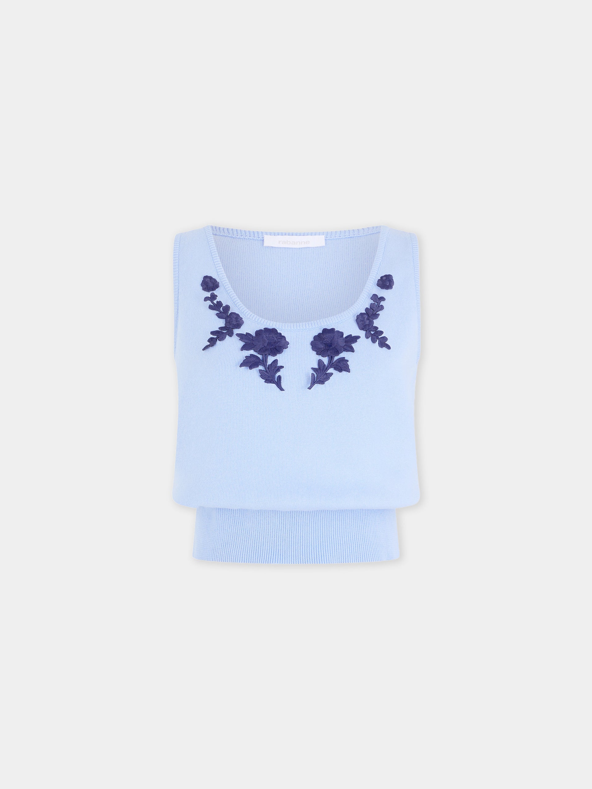 Tank Top in Blue Knitted Wool with Flower Embroidery