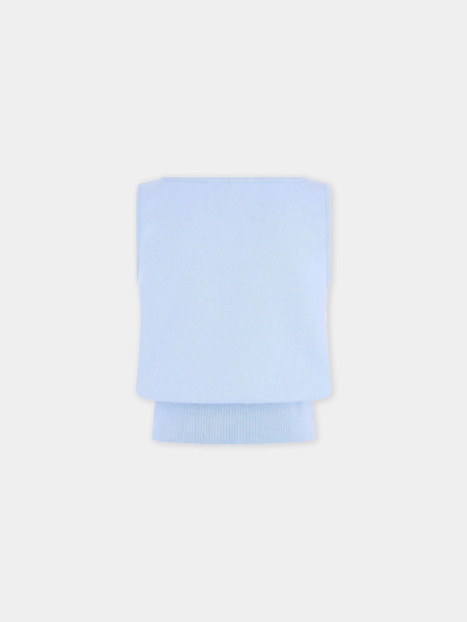 Tank Top in Blue Knitted Wool with Flower Embroidery