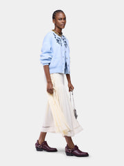 Long-Sleeved Cardigan in Blue Knitted Wool with Flower Embroidery position 2