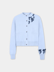 Long-Sleeved Cardigan in Blue Knitted Wool with Flower Embroidery
