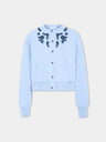 Long-Sleeved Cardigan in Blue Knitted Wool with Flower Embroidery