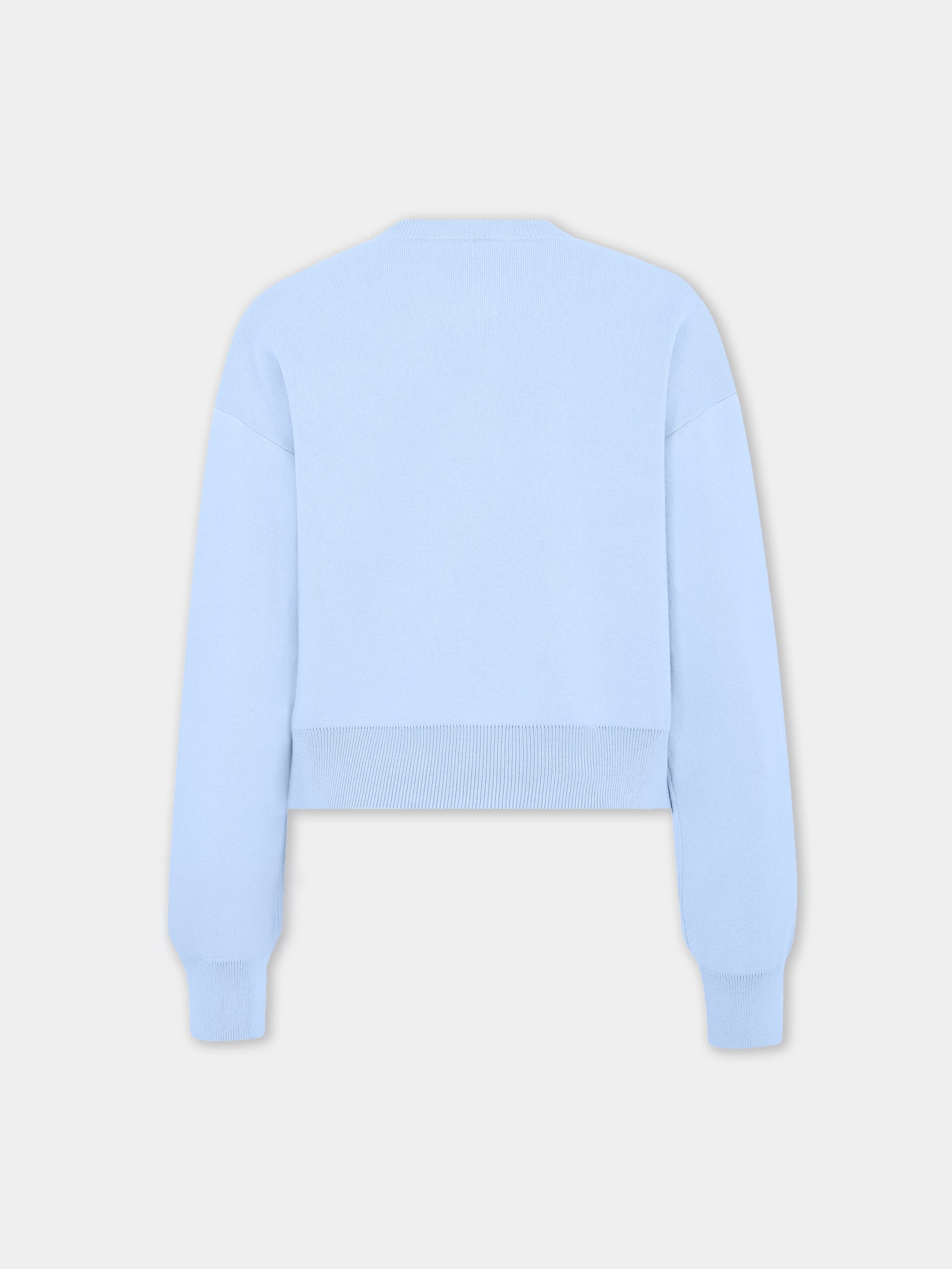 Long-Sleeved Cardigan in Blue Knitted Wool with Flower Embroidery