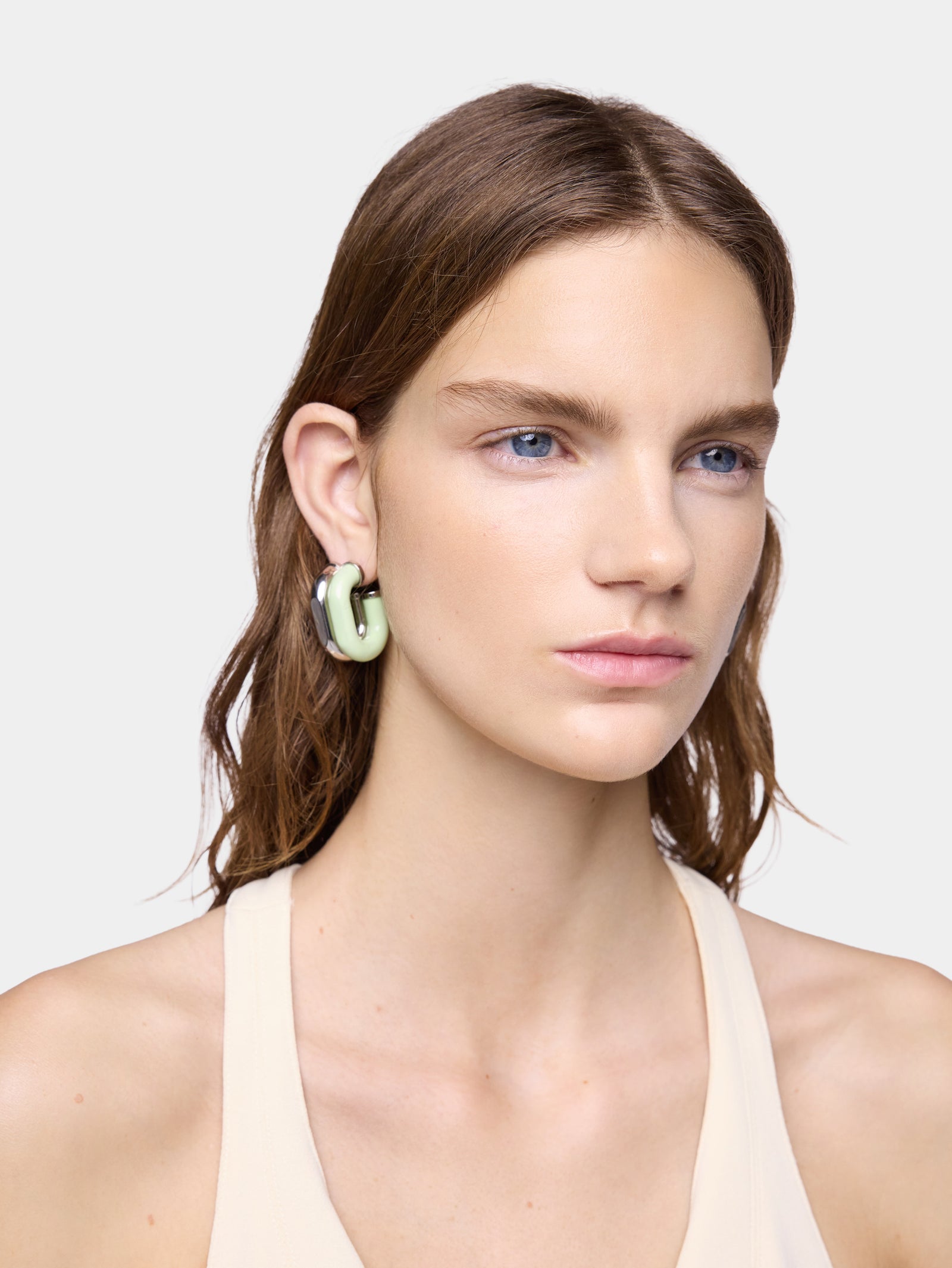 Earrings XL Link in bicolor silver and green packshot front view 2 - Image 2