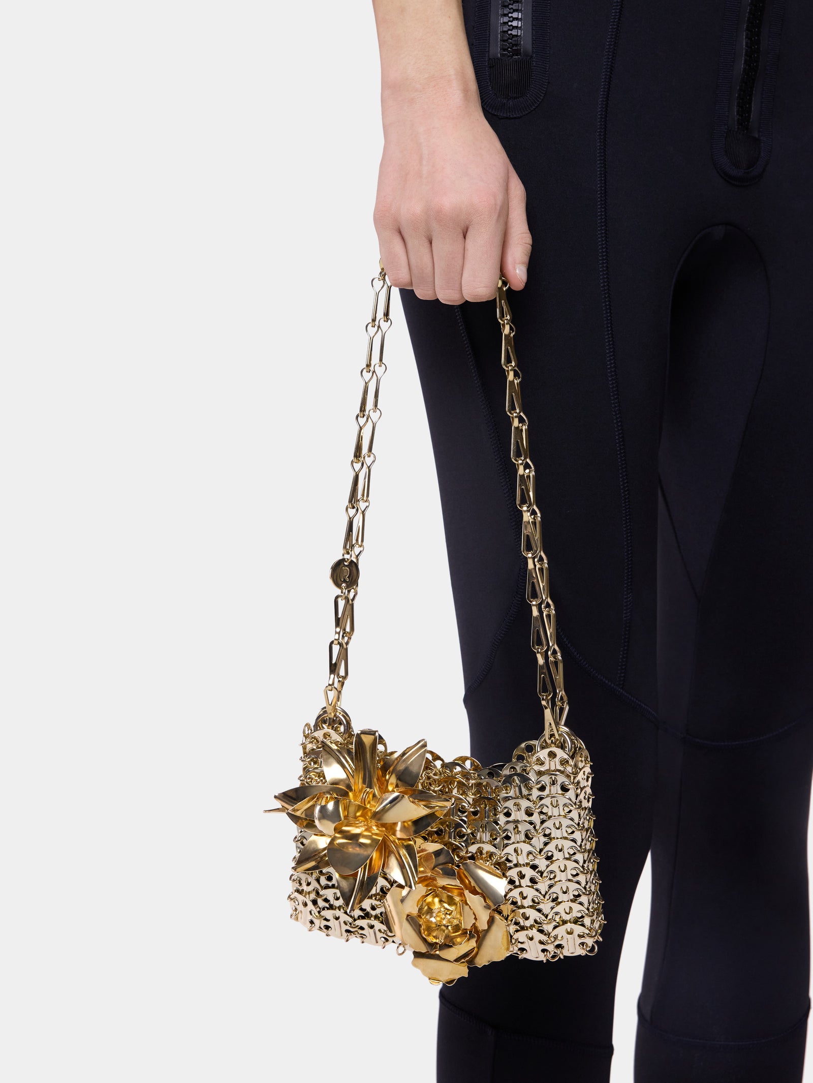2969 Nano gold bag with metal ton on ton flower detail packshot front view - Image 2